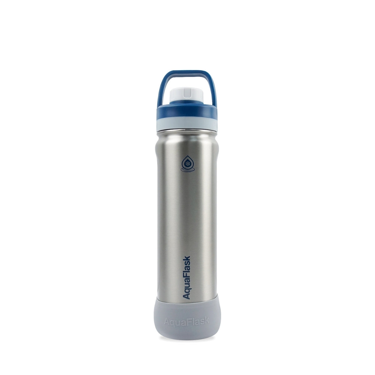 Botella de agua de acero inoxidable con aislamiento de la colección Colorwave de AquaFlask en color Alpine Swiss, con acabado degradado suave, tapa de rosca con asa de transporte y base de silicona, fotografiada sobre fondo blanco
