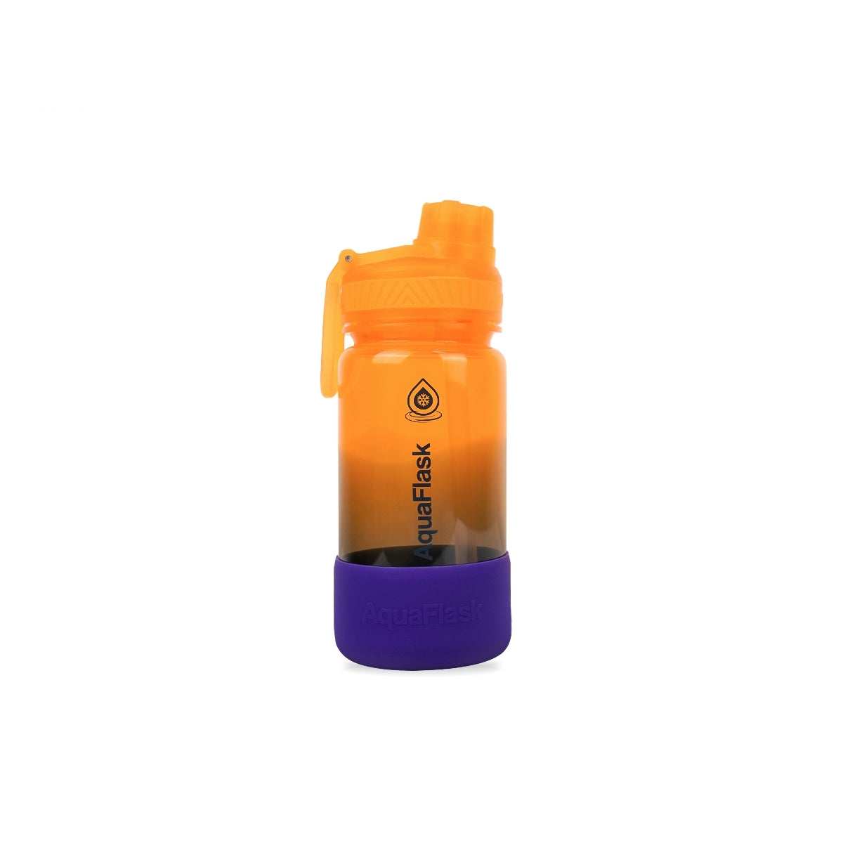 Botella de agua translúcida de la colección Terra de AquaFlask en color Bahamas, con acabado liso y brillante, tapa abatible con clip de transporte y base de silicona, fotografiada sobre fondo blanco