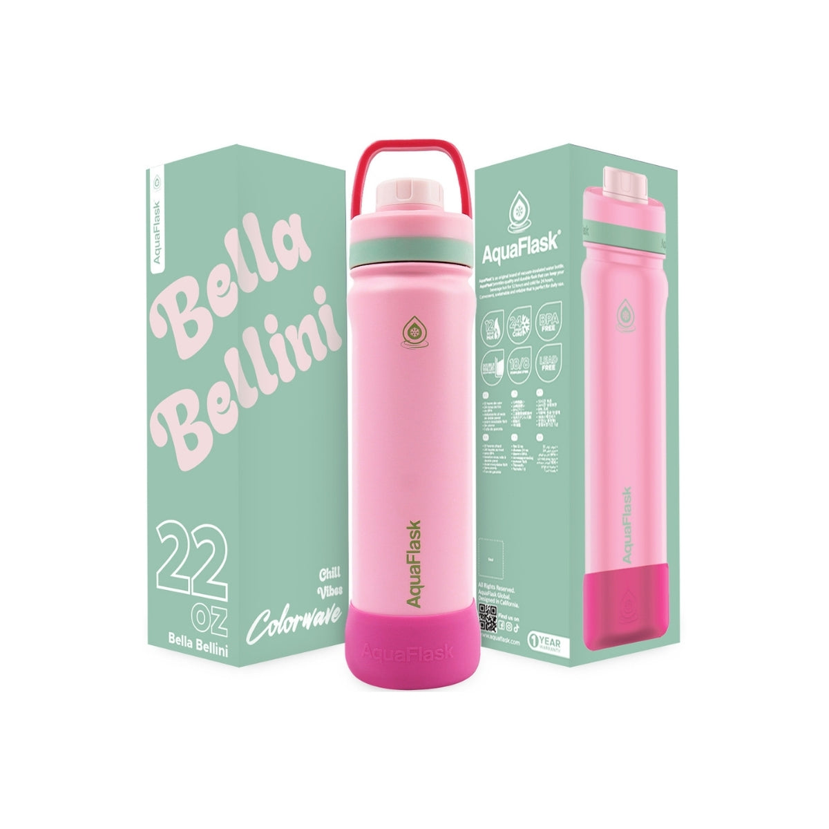 Botella de agua de acero inoxidable con aislamiento de la colección Colorwave de AquaFlask en color Bella Bellini, con acabado degradado suave, tapa de rosca con asa de transporte y base de silicona, fotografiada sobre fondo blanco