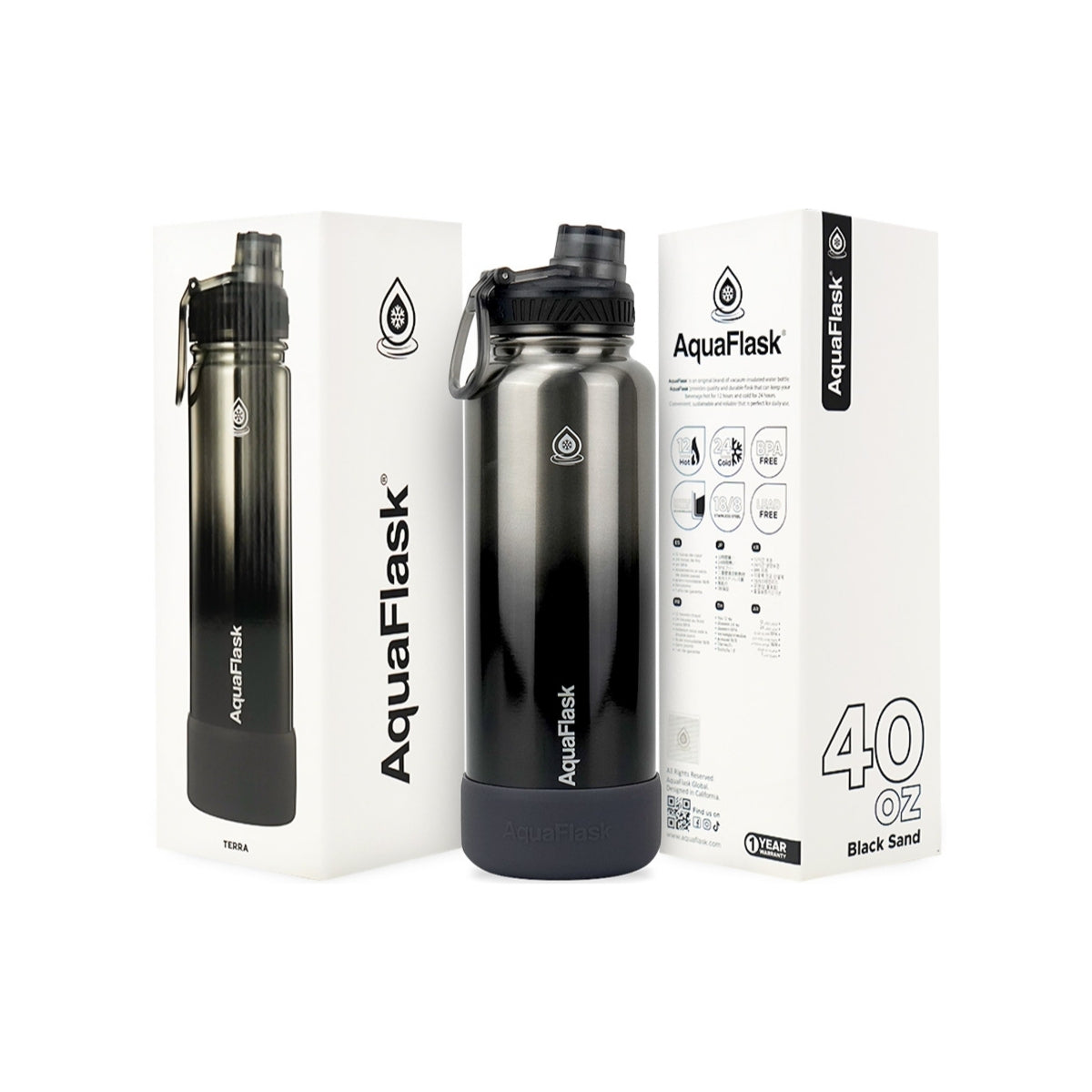 Botella de agua de acero inoxidable con aislamiento de la colección Terra de AquaFlask en color Black Sand, con acabado liso y brillante, tapa de rosca con asa de transporte y base de silicona, fotografiada sobre fondo blanco