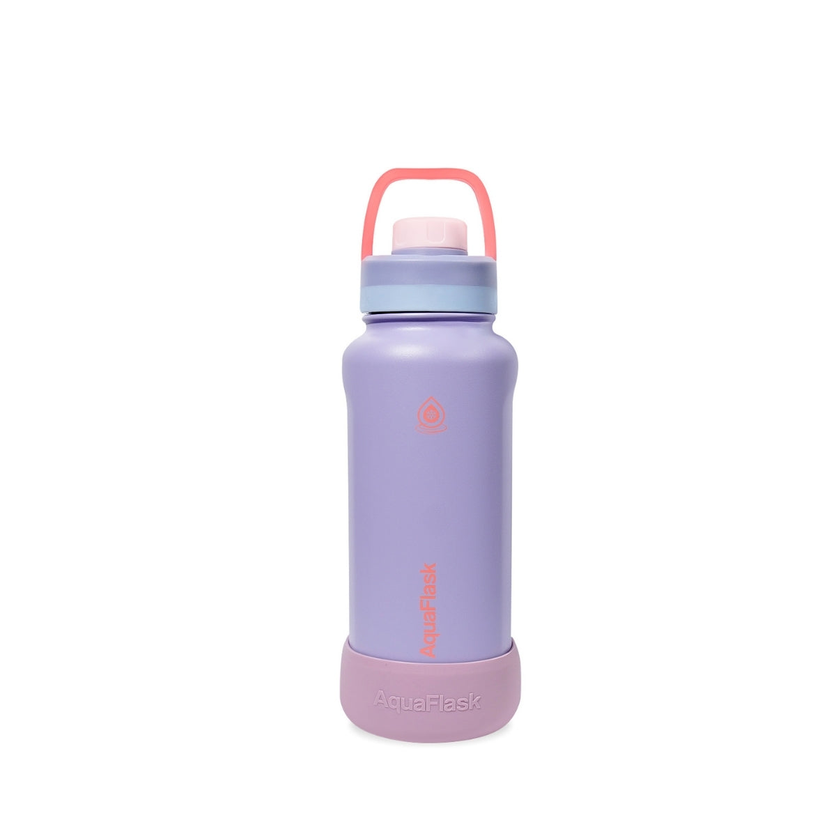 Botella de agua de acero inoxidable con aislamiento de la colección Colorwave de AquaFlask en color Blue Lavender, con acabado degradado suave, tapa de rosca con asa de transporte y base de silicona, fotografiada sobre fondo blanco