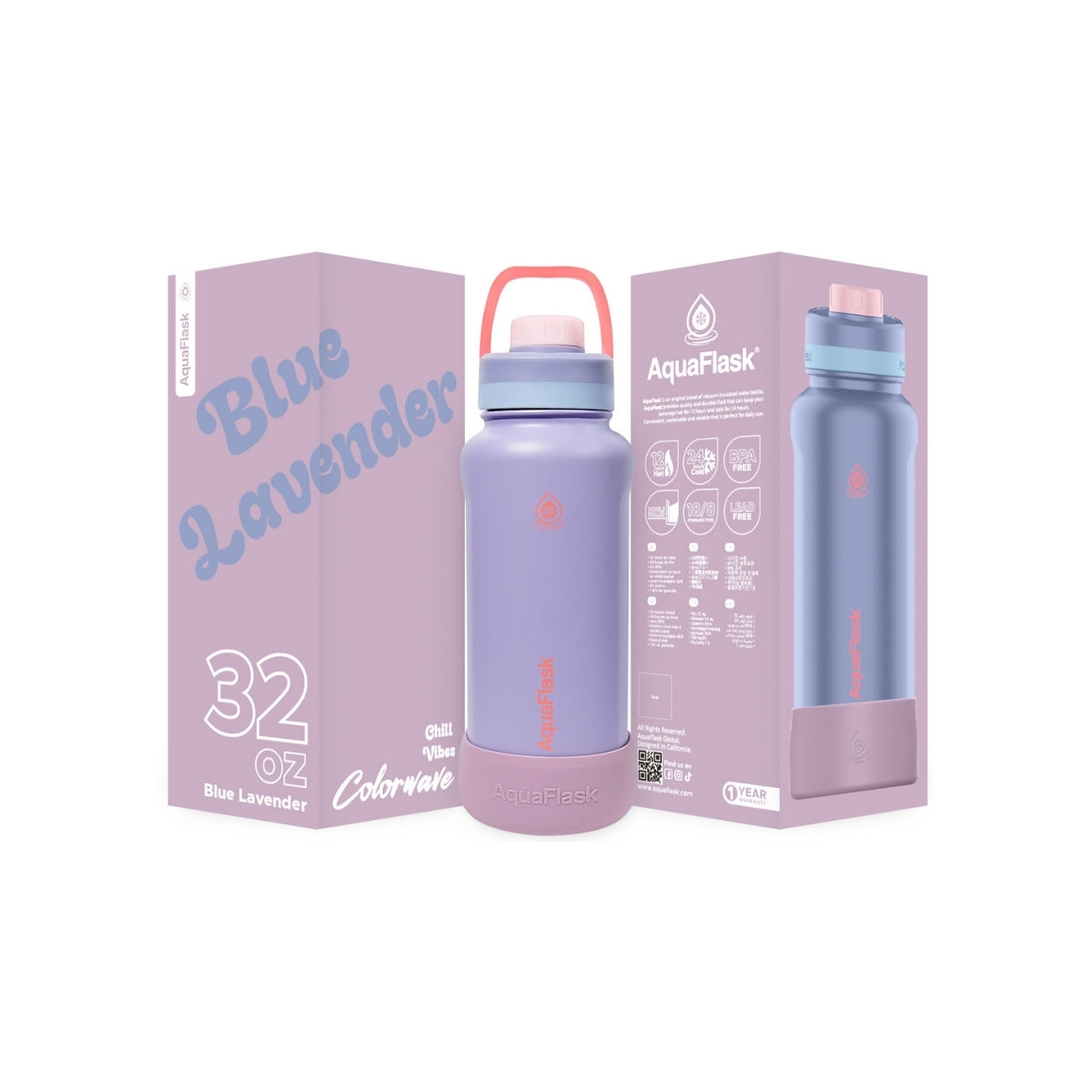 Botella de agua de acero inoxidable con aislamiento de la colección Colorwave de AquaFlask en color Blue Lavender, con acabado degradado suave, tapa de rosca con asa de transporte y base de silicona, fotografiada sobre fondo blanco