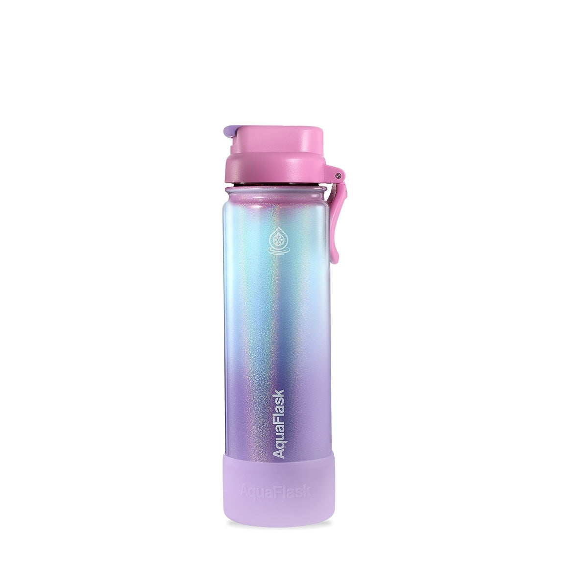Botella de agua de acero inoxidable con aislamiento de la colección Candy Floss de AquaFlask en color Blueberry Puff, con acabado degradado iridiscente suave, tapa abatible con clip de transporte y base de silicona, fotografiada sobre fondo blanco