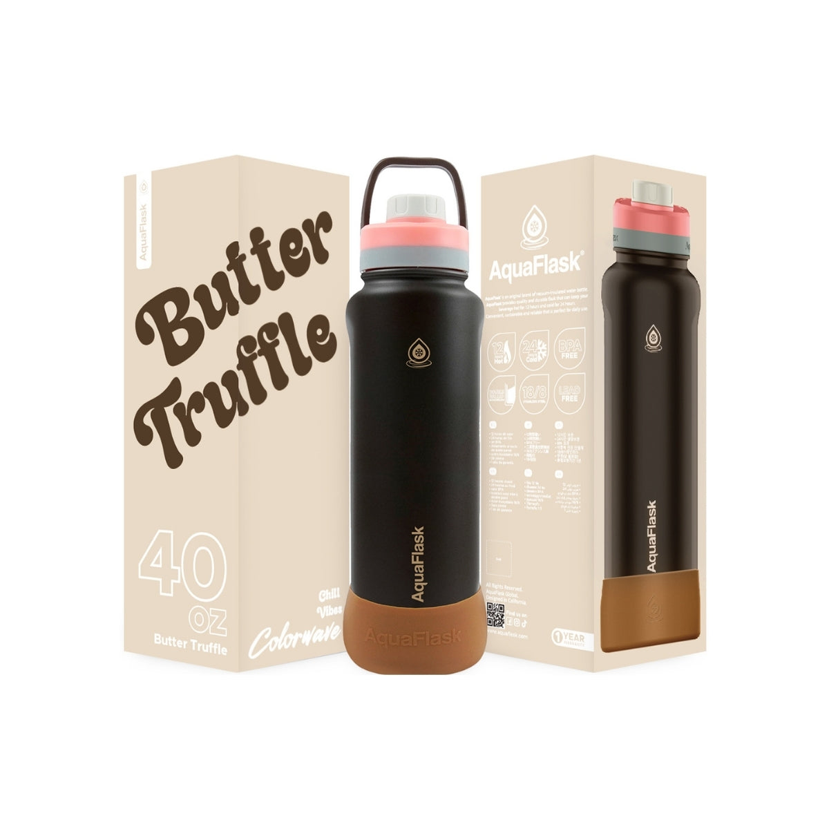 Botella de agua de acero inoxidable con aislamiento de la colección Colorwave de AquaFlask en color Butter Truffle, con acabado degradado suave, tapa de rosca con asa de transporte y base de silicona, fotografiada sobre fondo blanco