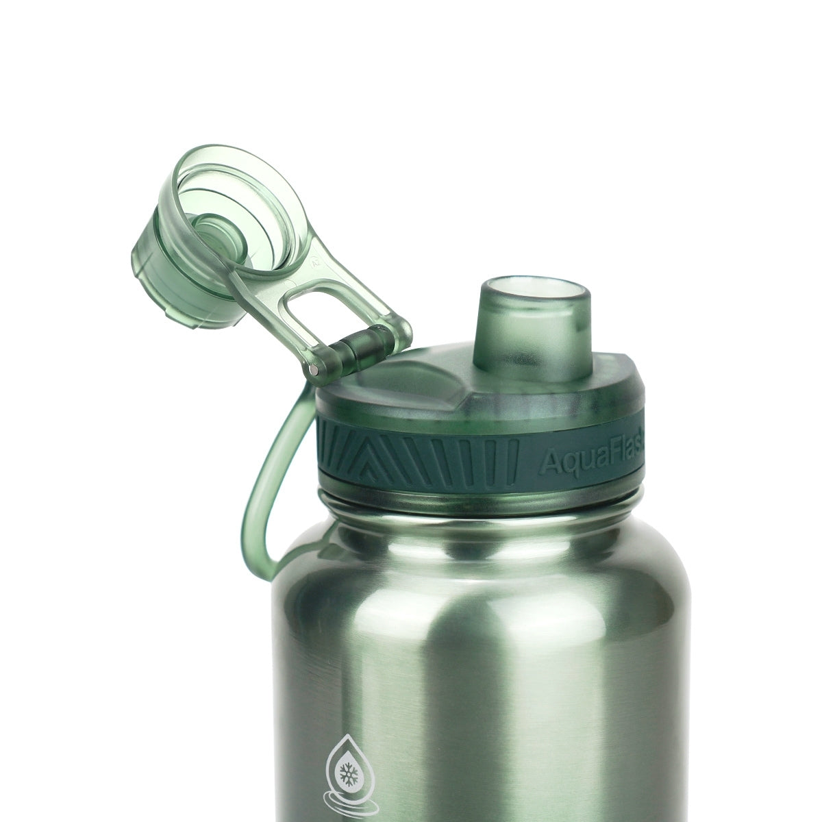 Botella de agua de acero inoxidable con aislamiento de la colección Terra de AquaFlask en color Canyon Wood, con acabado liso y brillante, tapa de rosca con asa de transporte y base de silicona, fotografiada sobre fondo blanco