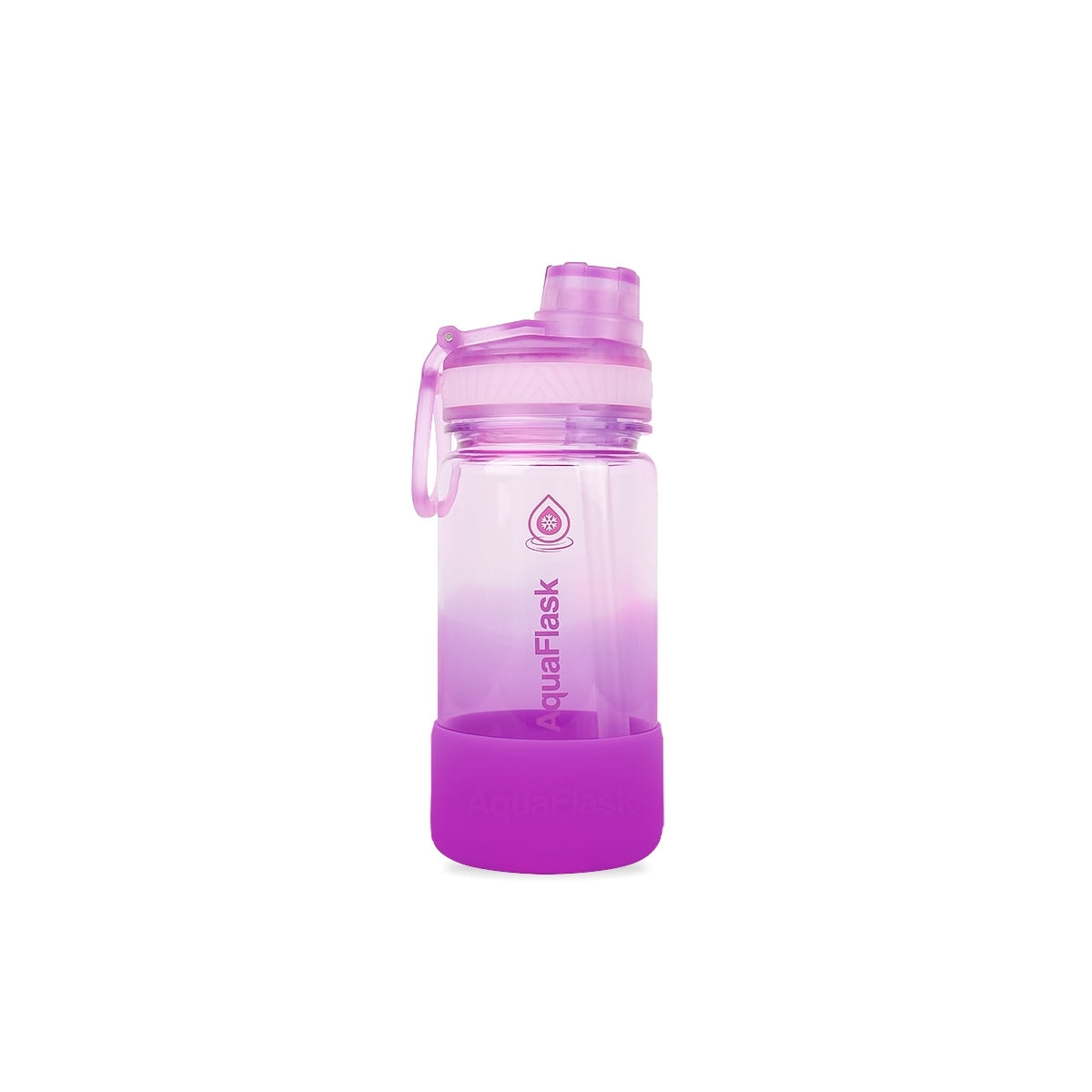 Botella de agua translúcida de la colección Terra de AquaFlask en color Caribbean Club, con acabado liso y brillante, tapa abatible con clip de transporte y base de silicona, fotografiada sobre fondo blanco