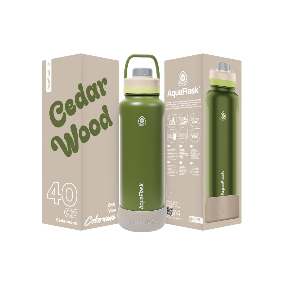 Botella de agua de acero inoxidable con aislamiento de la colección Colorwave de AquaFlask en color Cedar Wood, con acabado degradado suave, tapa de rosca con asa de transporte y base de silicona, fotografiada sobre fondo blanco