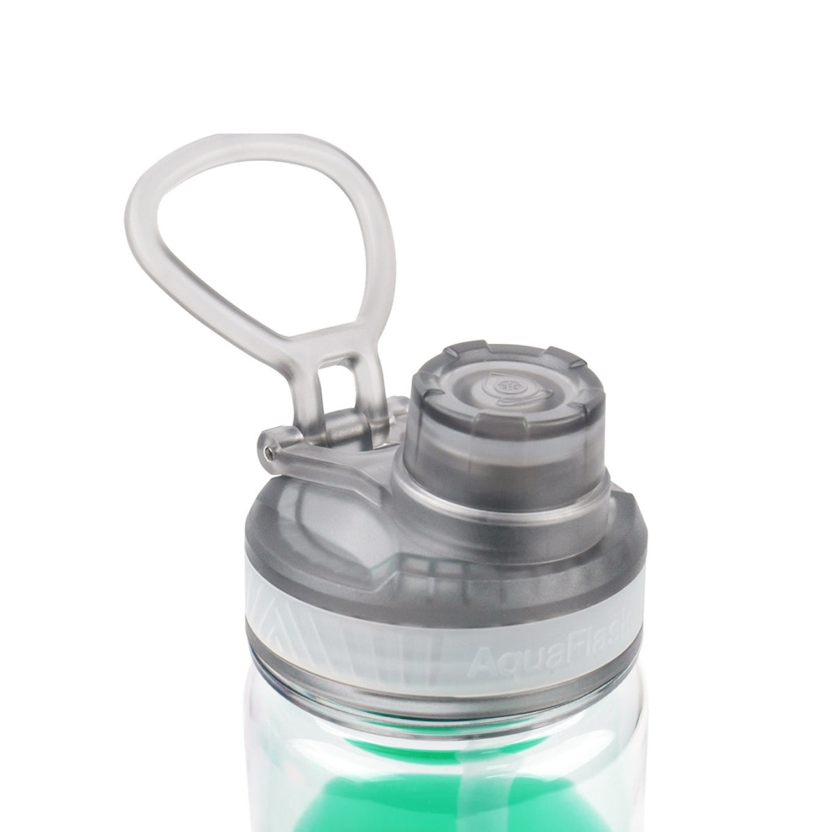 Botella de agua translúcida de la colección Terra de AquaFlask en color Cobbler Coves, con acabado liso y brillante, tapa abatible con clip de transporte y base de silicona, fotografiada sobre fondo blanco