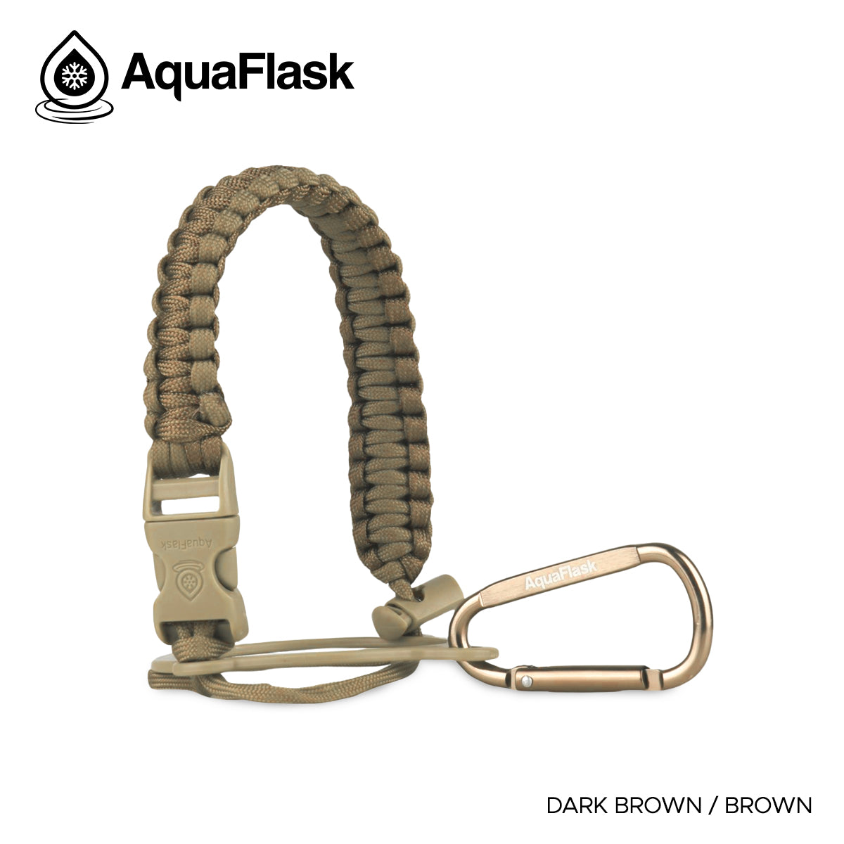 Accesorio de asa de paracord Aquaflask presentado sobre un fondo blanco con el logotipo de Aquaflask. El accesorio está fabricado con paracord firmemente tejido que forma un asa corta. Incluye una hebilla plástica de liberación lateral, un lazo ajustable que se coloca alrededor del cuello de la botella y un mosquetón metálico negro para su sujeción. El producto está etiquetado como compatible con botellas Aquaflask de 14 oz, 18 oz, 22 oz, 32 oz, 40 oz y 64 oz.