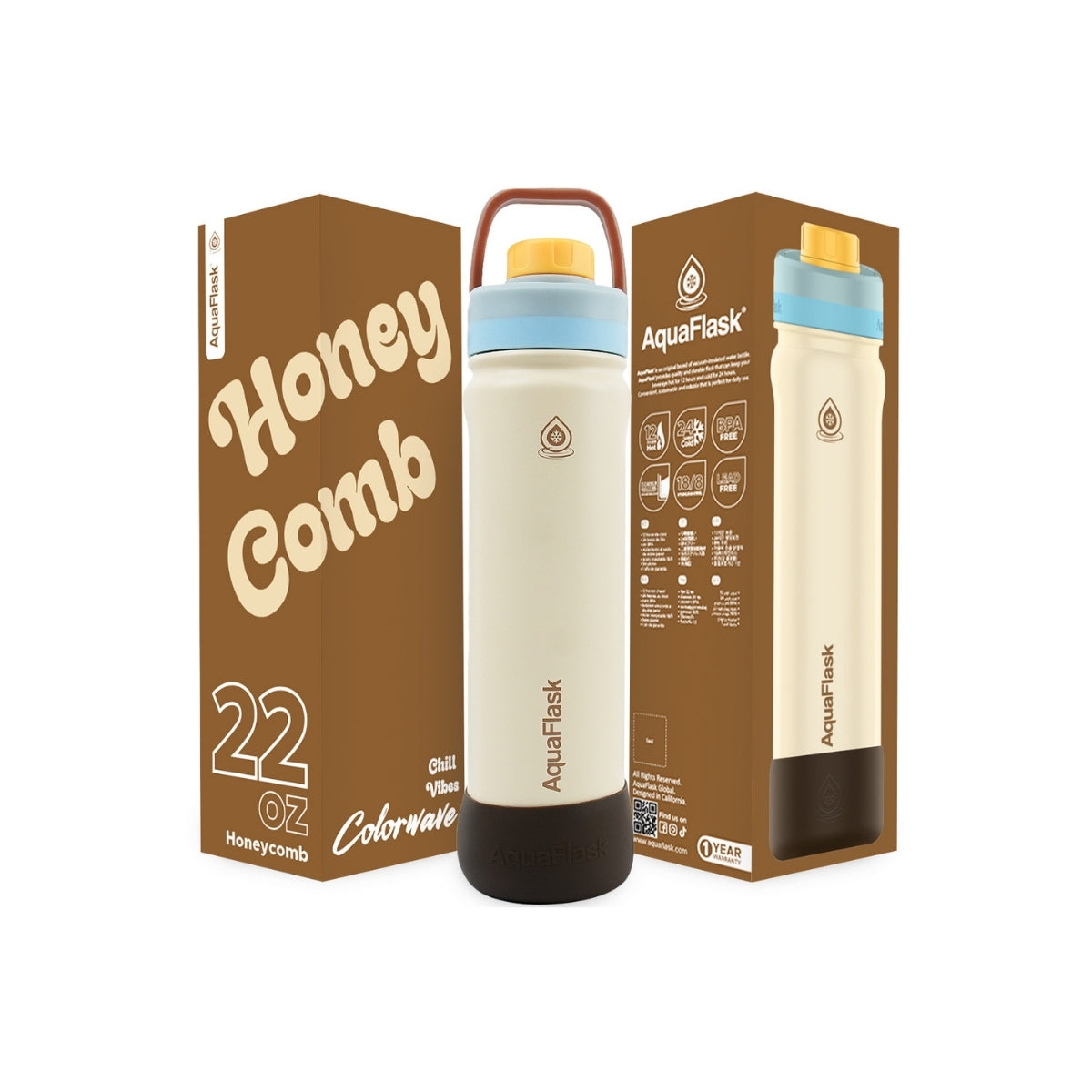 Botella de agua de acero inoxidable con aislamiento de la colección Colorwave de AquaFlask en color Honey Comb, con acabado degradado suave, tapa de rosca con asa de transporte y base de silicona, fotografiada sobre fondo blanco