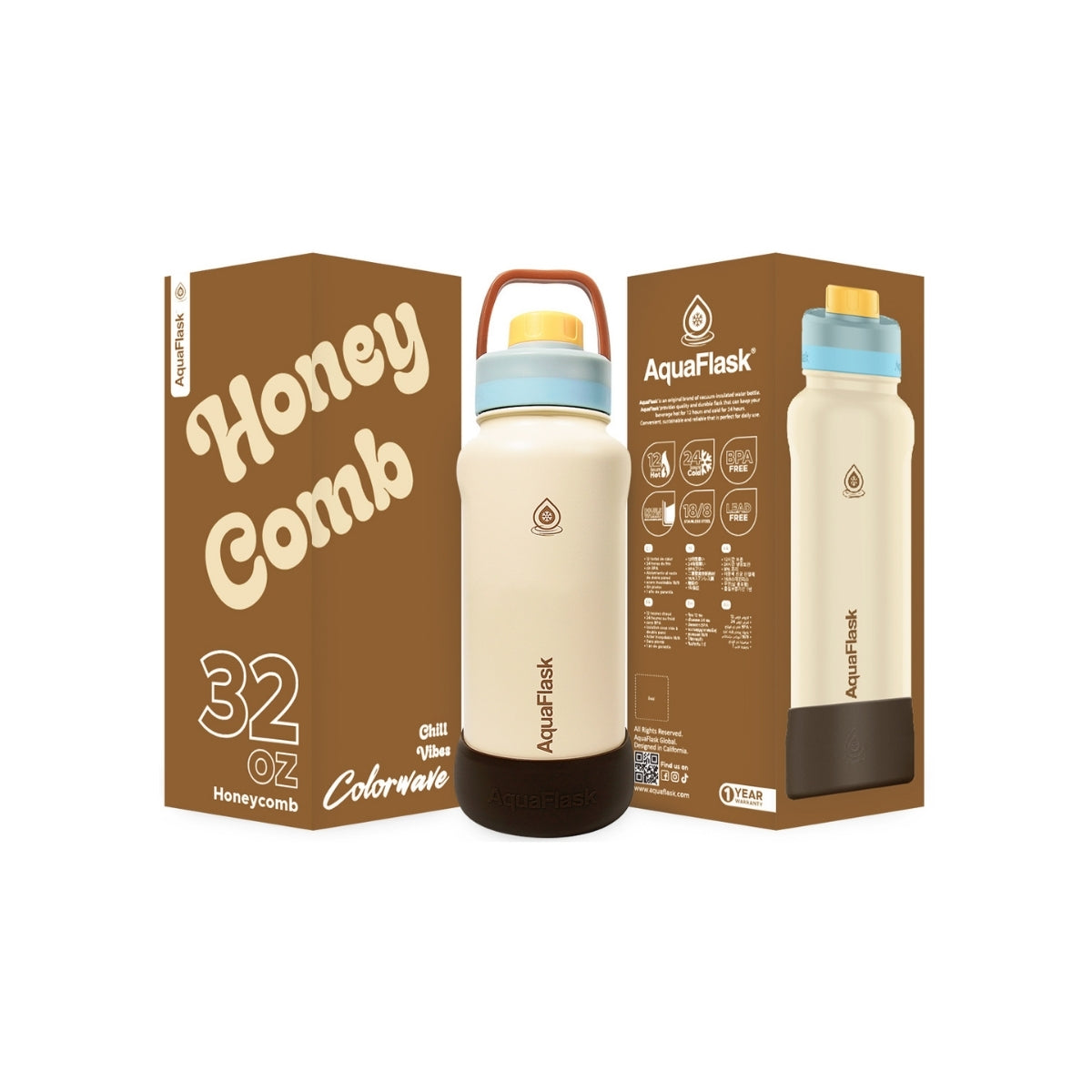 Botella de agua de acero inoxidable con aislamiento de la colección Colorwave de AquaFlask en color Honey Comb con acabado degradado suave, tapa de rosca con asa de transporte y base de silicona, fotografiada sobre fondo blanco