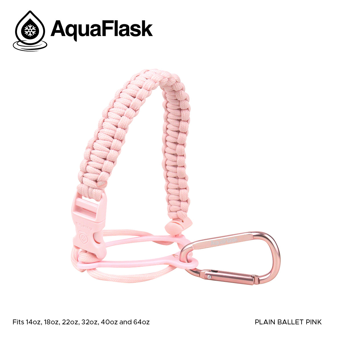 Accesorio de asa de paracord Aquaflask presentado sobre un fondo blanco con el logotipo de Aquaflask. El accesorio está fabricado con paracord firmemente tejido que forma un asa corta. Incluye una hebilla plástica de liberación lateral, un lazo ajustable que se coloca alrededor del cuello de la botella y un mosquetón metálico negro para su sujeción. El producto está etiquetado como compatible con botellas Aquaflask de 14 oz, 18 oz, 22 oz, 32 oz, 40 oz y 64 oz.