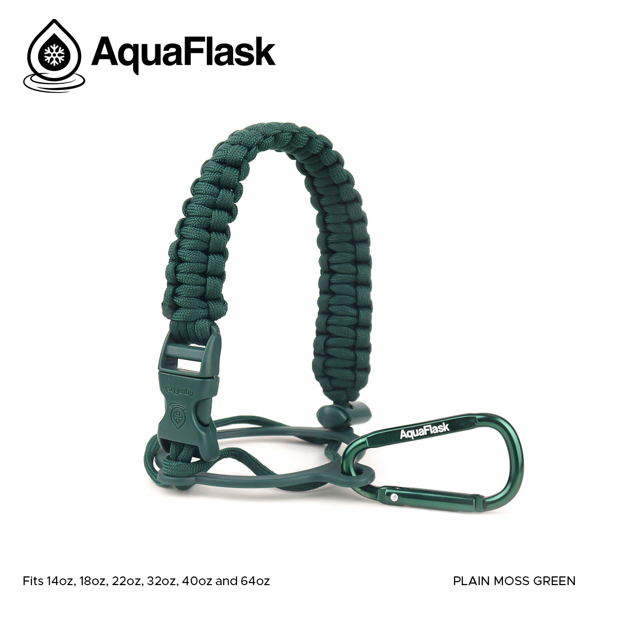Accesorio de asa de paracord Aquaflask presentado sobre un fondo blanco con el logotipo de Aquaflask. El accesorio está fabricado con paracord firmemente tejido que forma un asa corta. Incluye una hebilla plástica de liberación lateral, un lazo ajustable que se coloca alrededor del cuello de la botella y un mosquetón metálico negro para su sujeción. El producto está etiquetado como compatible con botellas Aquaflask de 14 oz, 18 oz, 22 oz, 32 oz, 40 oz y 64 oz.