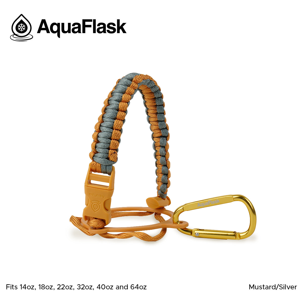 Accesorio de asa de paracord Aquaflask presentado sobre un fondo blanco con el logotipo de Aquaflask. El accesorio está fabricado con paracord firmemente tejido que forma un asa corta. Incluye una hebilla plástica de liberación lateral, un lazo ajustable que se coloca alrededor del cuello de la botella y un mosquetón metálico negro para su sujeción. El producto está etiquetado como compatible con botellas Aquaflask de 14 oz, 18 oz, 22 oz, 32 oz, 40 oz y 64 oz.