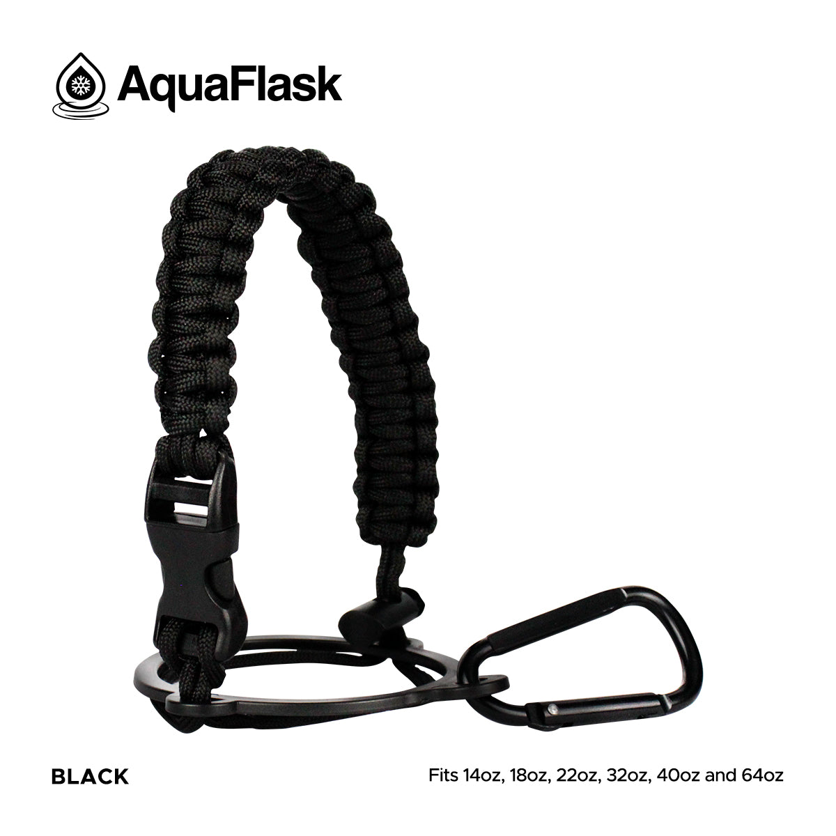 Accesorio de asa de paracord Aquaflask presentado sobre un fondo blanco con el logotipo de Aquaflask. El accesorio está fabricado con paracord firmemente tejido que forma un asa corta. Incluye una hebilla plástica de liberación lateral, un lazo ajustable que se coloca alrededor del cuello de la botella y un mosquetón metálico negro para su sujeción. El producto está etiquetado como compatible con botellas Aquaflask de 14 oz, 18 oz, 22 oz, 32 oz, 40 oz y 64 oz.