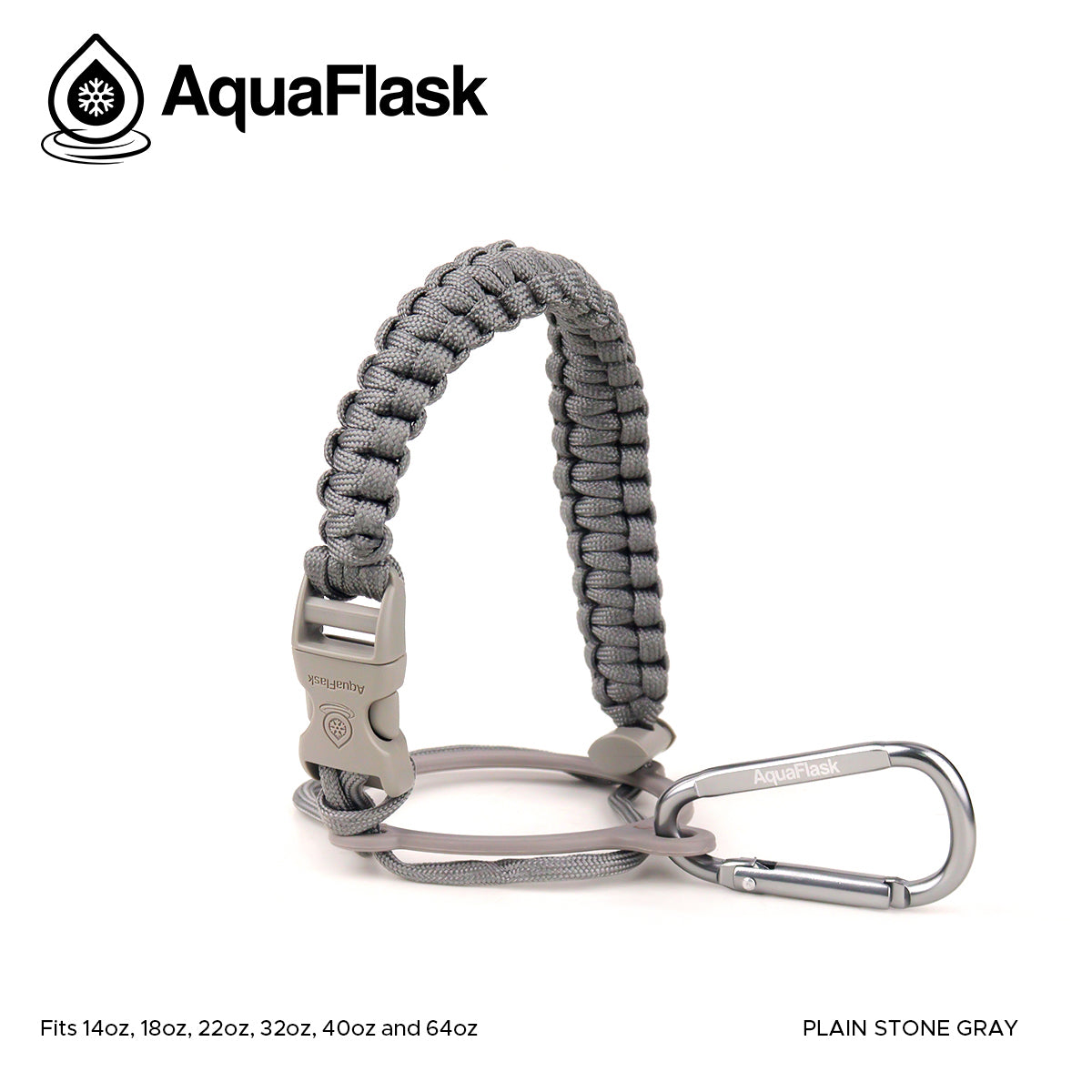 Accesorio de asa de paracord Aquaflask presentado sobre un fondo blanco con el logotipo de Aquaflask. El accesorio está fabricado con paracord firmemente tejido que forma un asa corta. Incluye una hebilla plástica de liberación lateral, un lazo ajustable que se coloca alrededor del cuello de la botella y un mosquetón metálico negro para su sujeción. El producto está etiquetado como compatible con botellas Aquaflask de 14 oz, 18 oz, 22 oz, 32 oz, 40 oz y 64 oz.