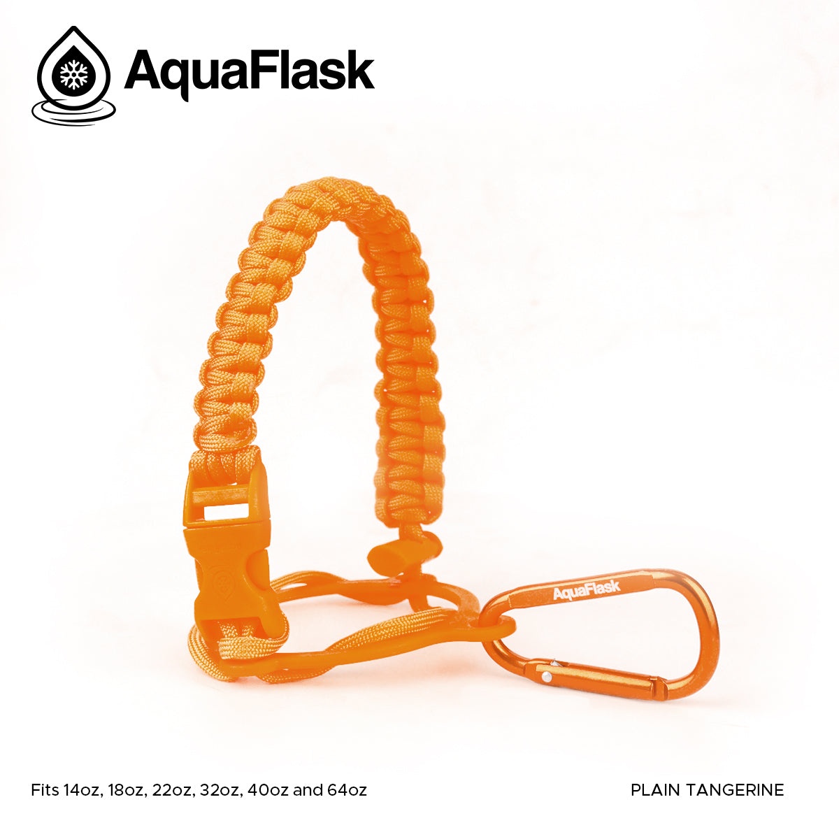 Accesorio de asa de paracord Aquaflask presentado sobre un fondo blanco con el logotipo de Aquaflask. El accesorio está fabricado con paracord firmemente tejido que forma un asa corta. Incluye una hebilla plástica de liberación lateral, un lazo ajustable que se coloca alrededor del cuello de la botella y un mosquetón metálico negro para su sujeción. El producto está etiquetado como compatible con botellas Aquaflask de 14 oz, 18 oz, 22 oz, 32 oz, 40 oz y 64 oz.