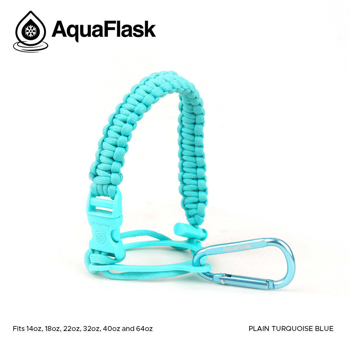 Accesorio de asa de paracord Aquaflask presentado sobre un fondo blanco con el logotipo de Aquaflask. El accesorio está fabricado con paracord firmemente tejido que forma un asa corta. Incluye una hebilla plástica de liberación lateral, un lazo ajustable que se coloca alrededor del cuello de la botella y un mosquetón metálico negro para su sujeción. El producto está etiquetado como compatible con botellas Aquaflask de 14 oz, 18 oz, 22 oz, 32 oz, 40 oz y 64 oz.