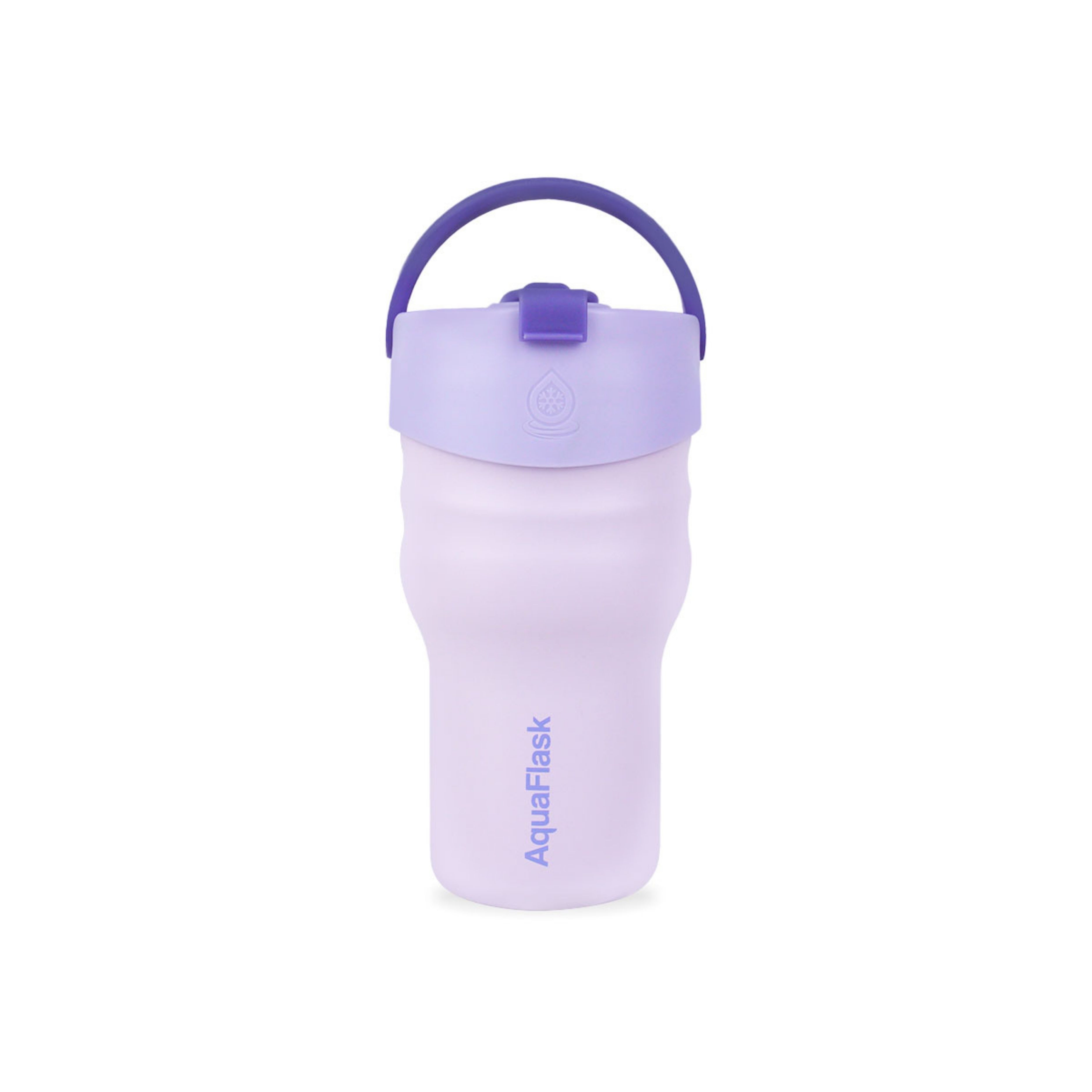 Vaso térmico de acero inoxidable con aislamiento de la colección Tumbler de AquaFlask en color Petal Bloom, con acabado mate, tapa con asa y cuerpo cilíndrico, fotografiado sobre fondo blanco