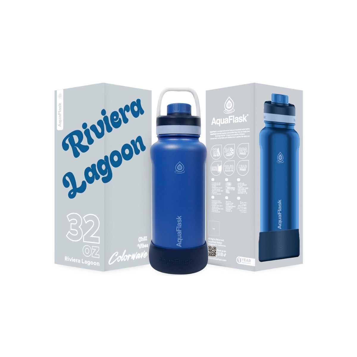 Botella de agua de acero inoxidable con aislamiento de la colección Colorwave de AquaFlask en color Riviera Lagoon con acabado degradado suave, tapa de rosca con asa de transporte y base de silicona, fotografiada sobre fondo blanco