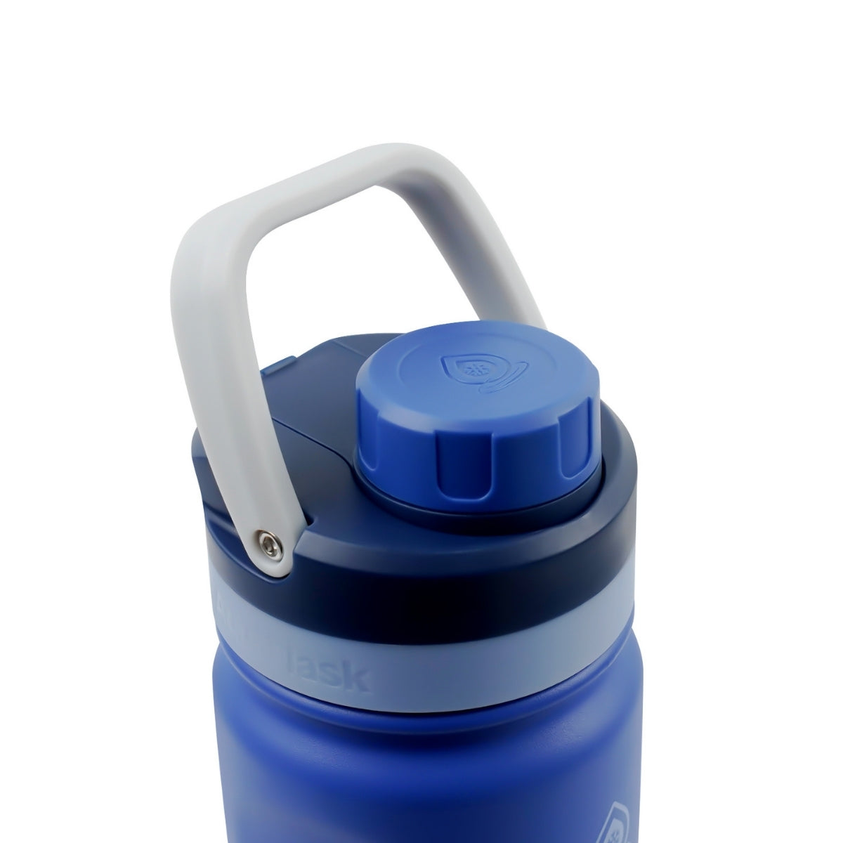 Botella de agua de acero inoxidable con aislamiento de la colección Colorwave de AquaFlask en color Riviera Lagoon con acabado degradado suave, tapa de rosca con asa de transporte y base de silicona, fotografiada sobre fondo blanco