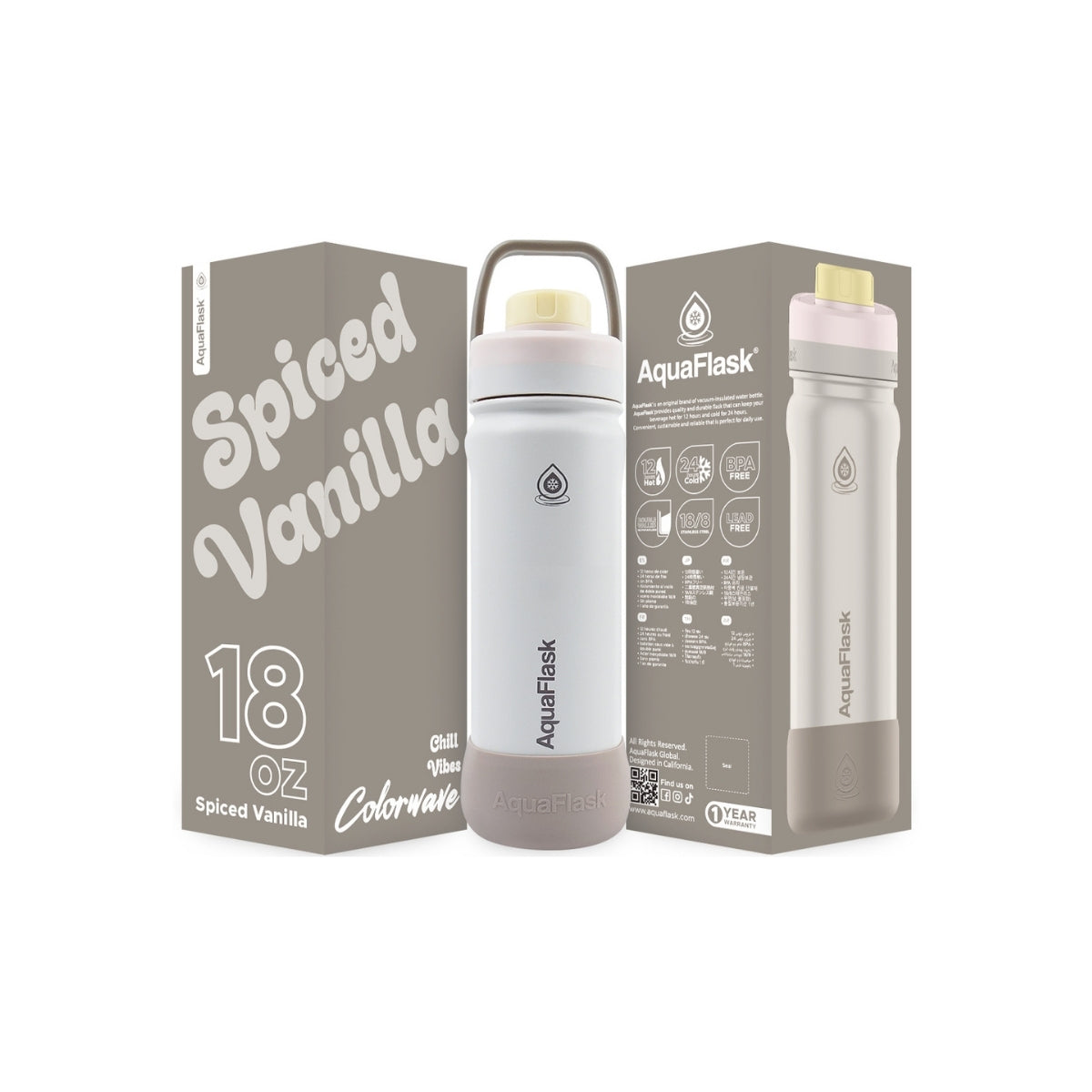 Botella de agua de acero inoxidable con aislamiento de la colección Colorwave de AquaFlask en color Spiced Vanilla con acabado degradado suave, tapa de rosca con asa de transporte y base de silicona, fotografiada sobre fondo blanco