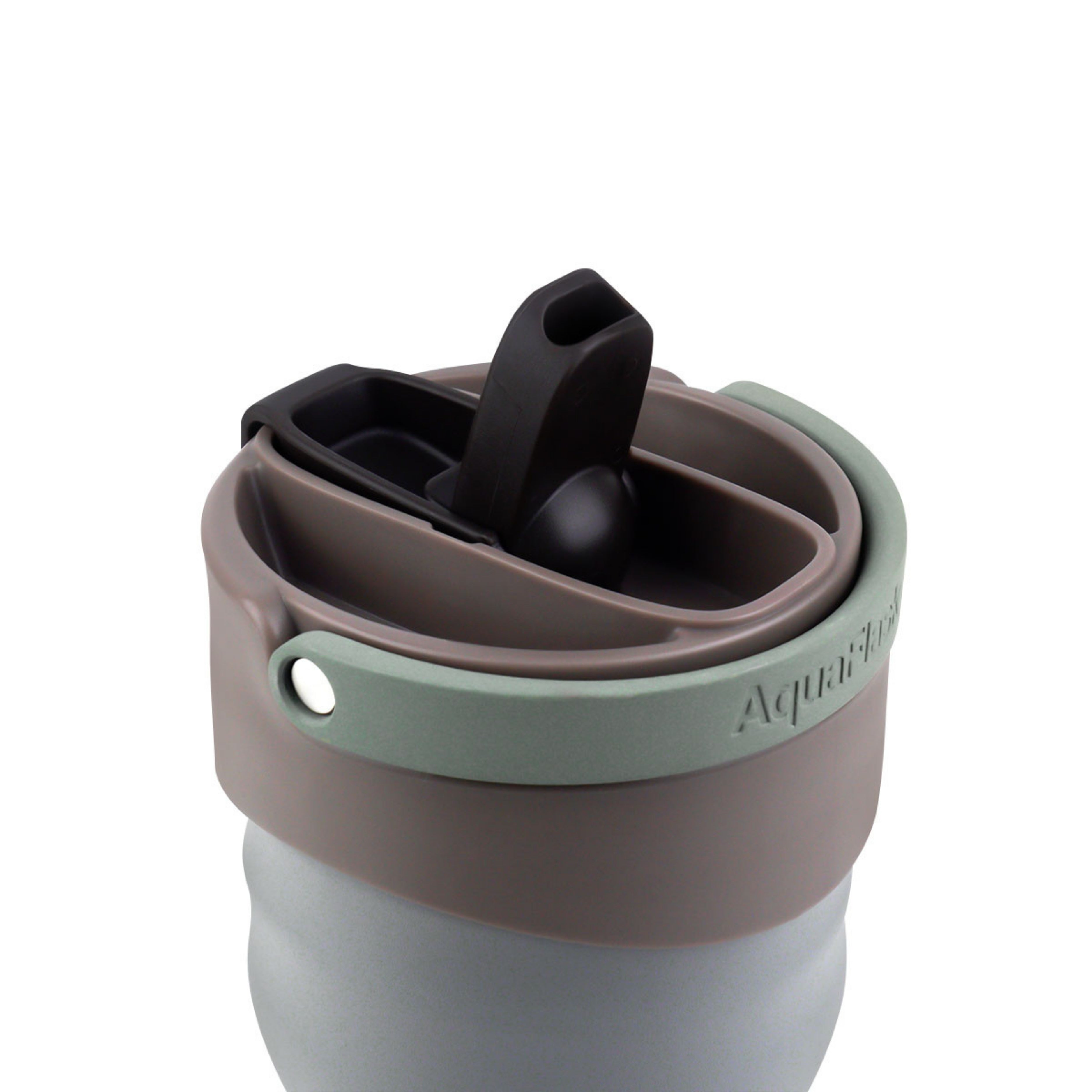 Vaso térmico de acero inoxidable con aislamiento de la colección Tumbler de AquaFlask en color Machiato, con acabado mate, tapa con asa y cuerpo cilíndrico, fotografiado sobre fondo blanco