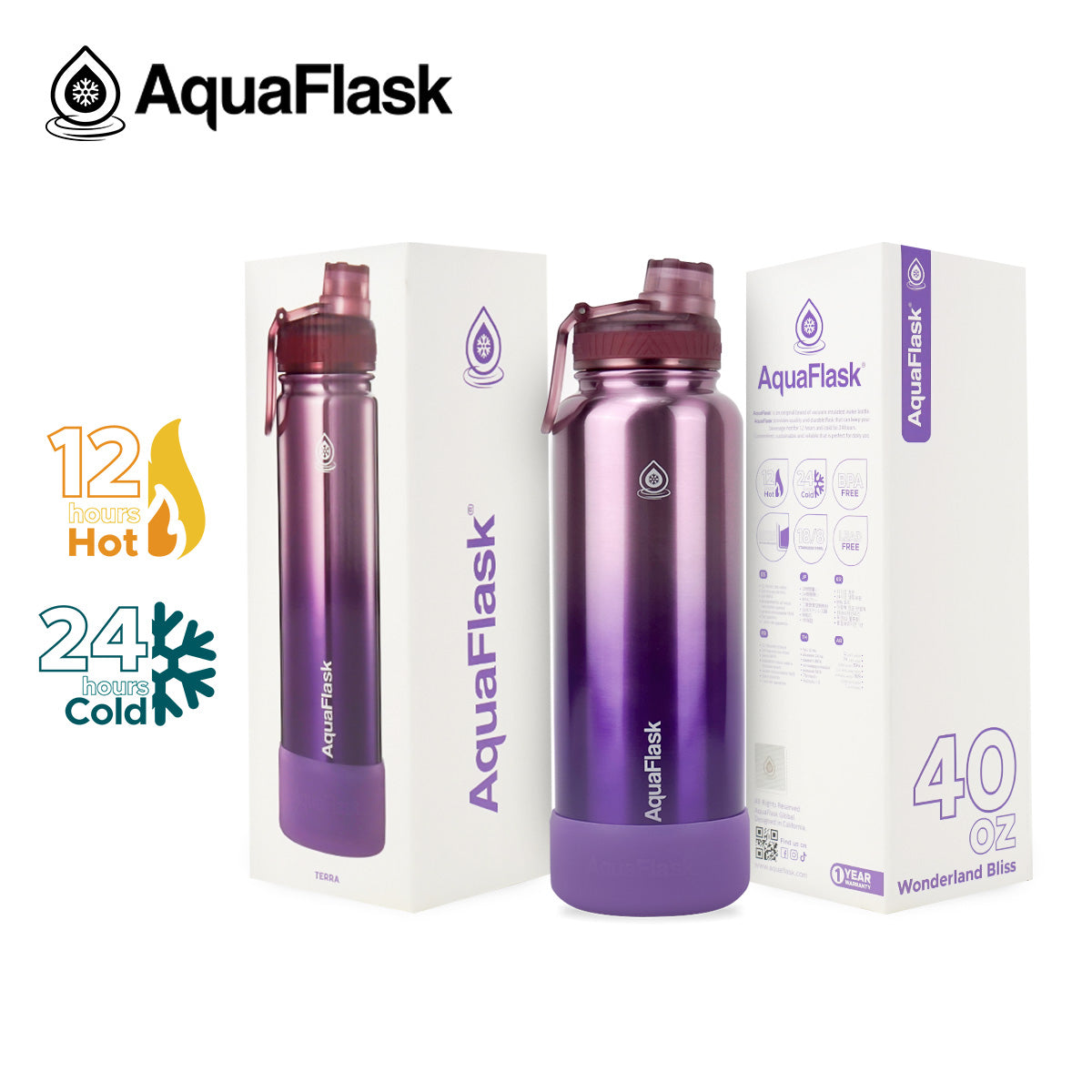 Botella de agua de acero inoxidable con aislamiento de la colección Terra de AquaFlask en color Wonderland Bliss, con acabado liso y brillante, tapa de rosca con asa de transporte y base de silicona, fotografiada sobre fondo blanco