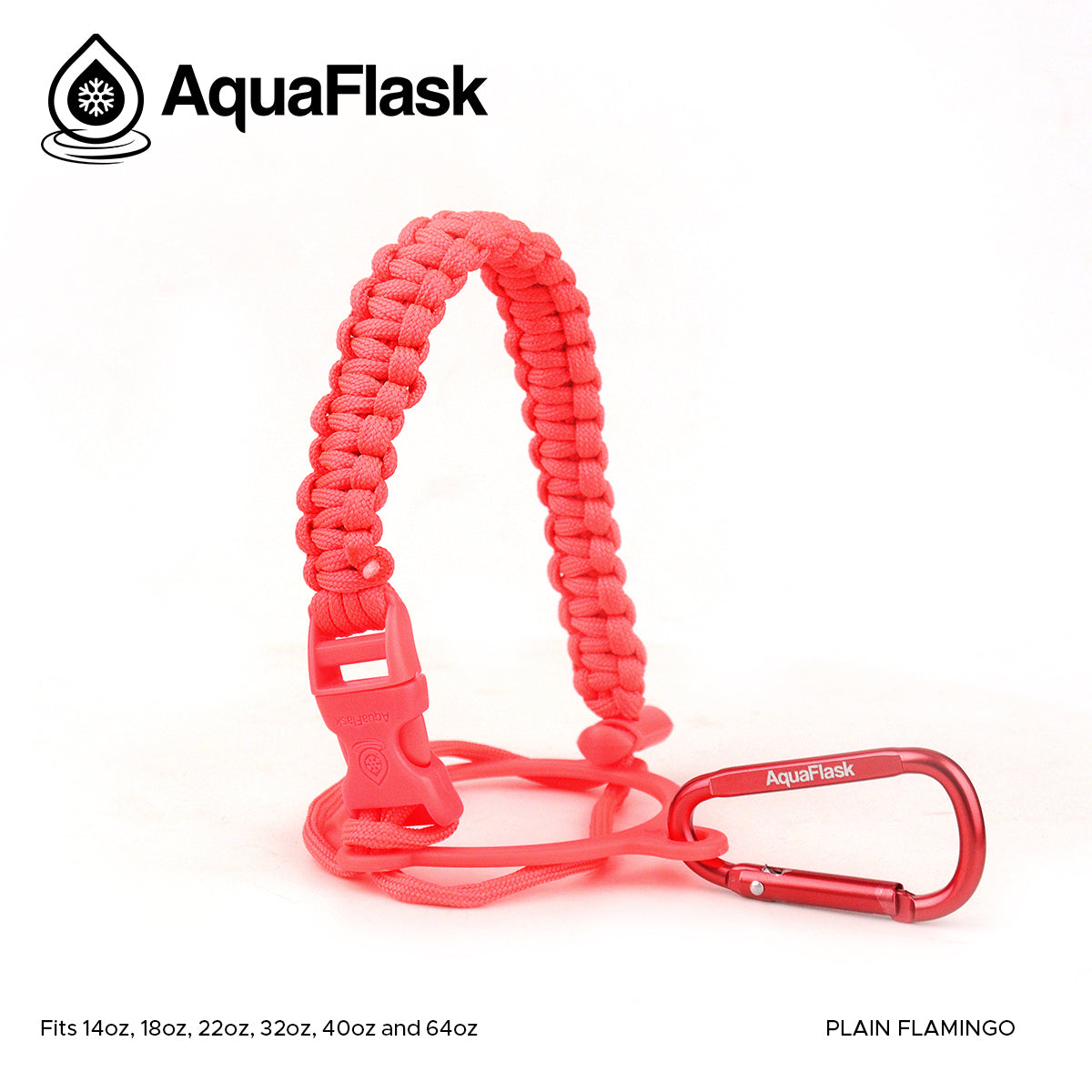 Accesorio de asa de paracord Aquaflask presentado sobre un fondo blanco con el logotipo de Aquaflask. El accesorio está fabricado con paracord firmemente tejido que forma un asa corta. Incluye una hebilla plástica de liberación lateral, un lazo ajustable que se coloca alrededor del cuello de la botella y un mosquetón metálico negro para su sujeción. El producto está etiquetado como compatible con botellas Aquaflask de 14 oz, 18 oz, 22 oz, 32 oz, 40 oz y 64 oz.