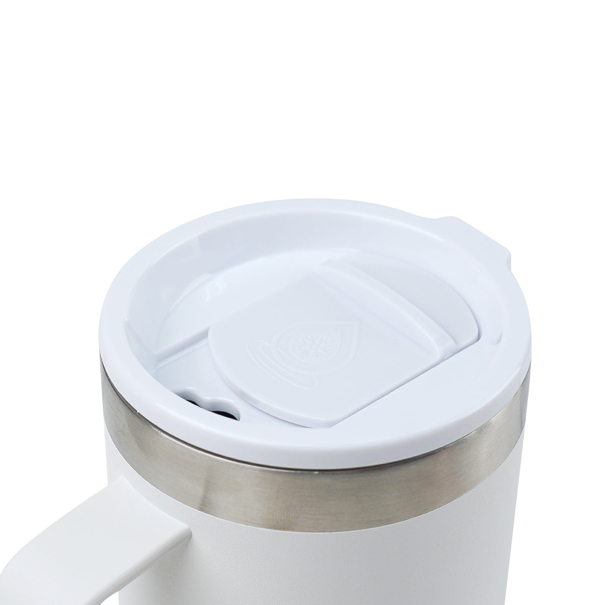 Taza térmica AquaFlask en color Ivory White con acabado blanco mate suave, borde de acero inoxidable, asa ergonómica y tapa antiderrames, fotografiada sobre fondo blanco
