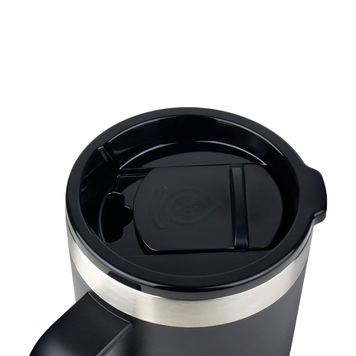 Taza térmica AquaFlask en color Jet Black con acabado negro mate suave, borde de acero inoxidable, asa ergonómica y tapa antiderrames, fotografiada sobre fondo blanco