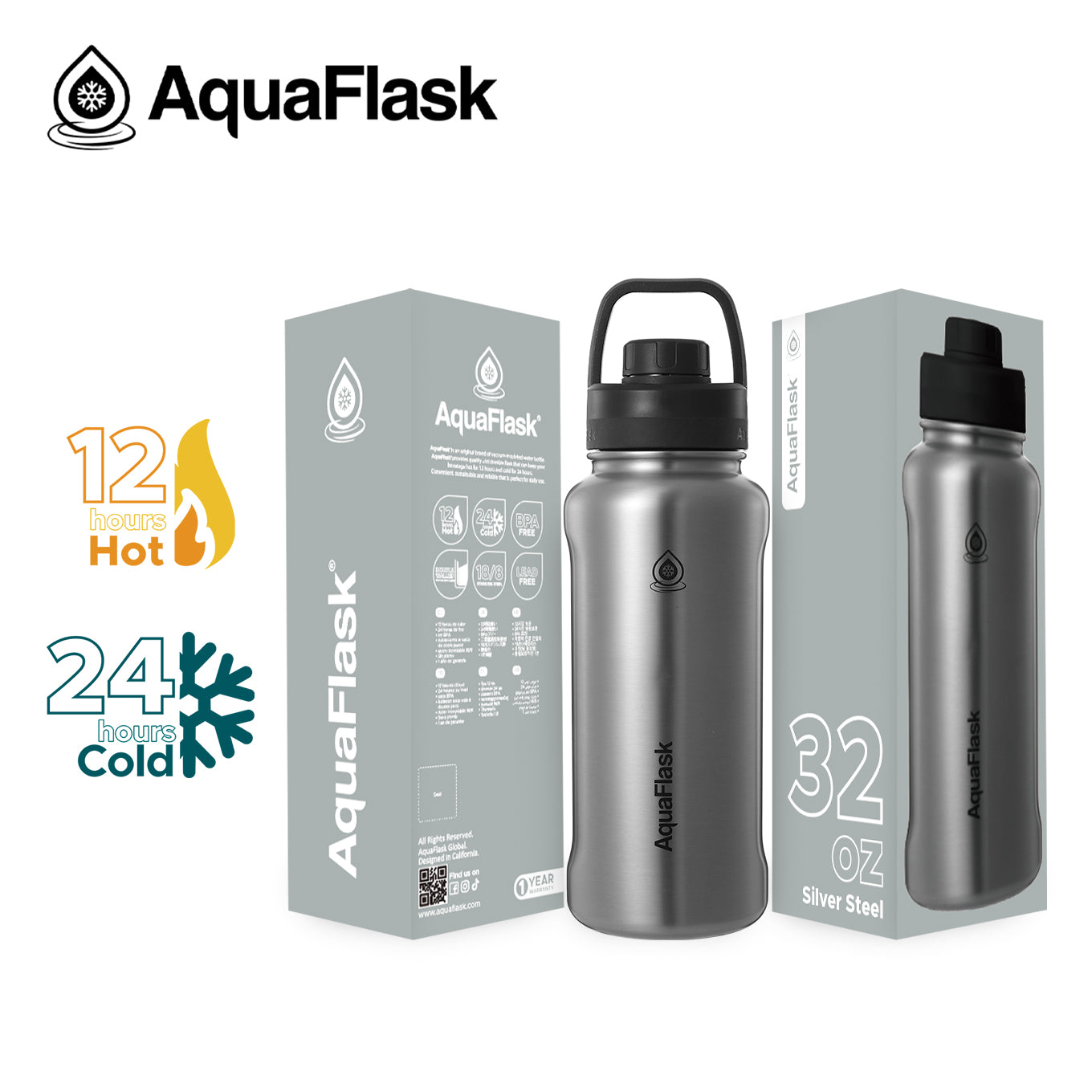 AQUAFLASK 32oz NEW ORIGINAL COLLECTION - SILVER STEEL