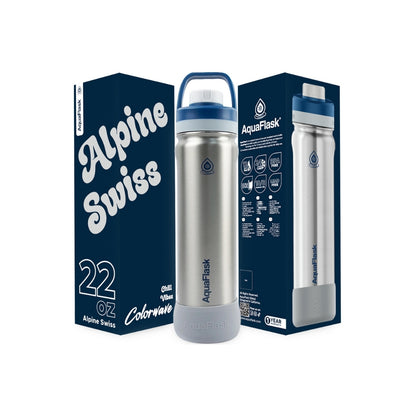 Botella de agua de acero inoxidable con aislamiento de la colección Colorwave de AquaFlask en color Alpine Swiss, con acabado degradado suave, tapa de rosca con asa de transporte y base de silicona, fotografiada sobre fondo blanco