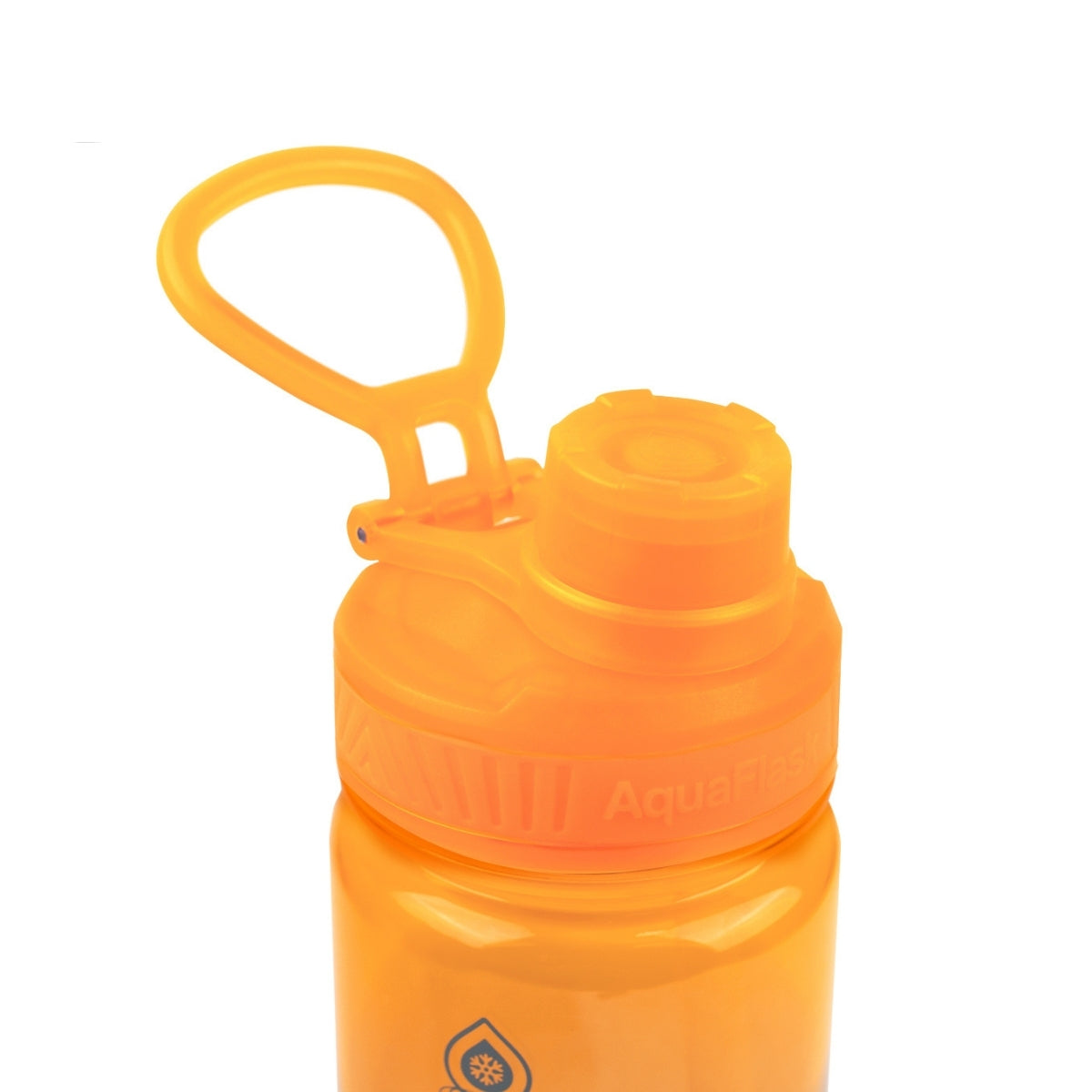 Botella de agua translúcida de la colección Terra de AquaFlask en color Bahamas, con acabado liso y brillante, tapa abatible con clip de transporte y base de silicona, fotografiada sobre fondo blanco