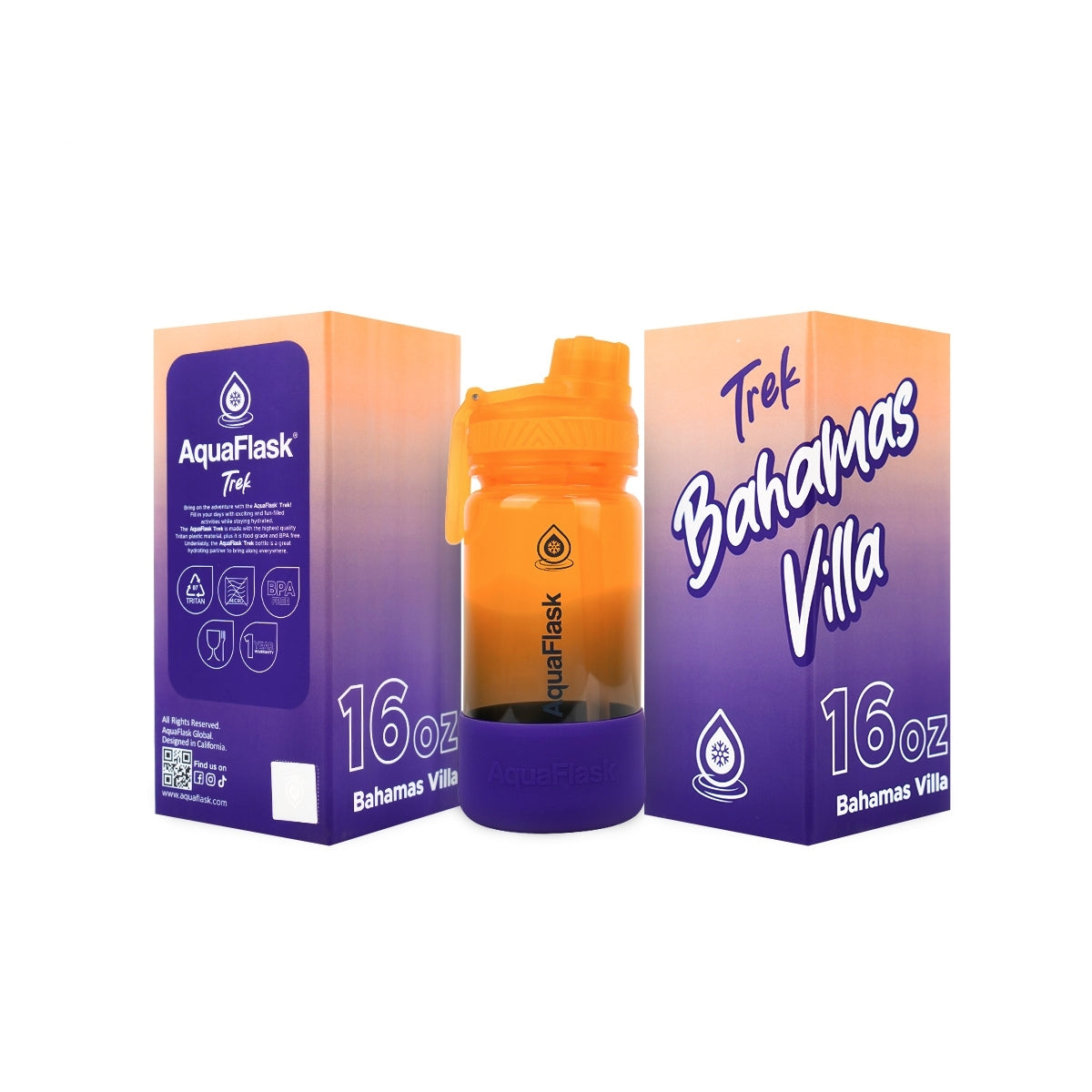 Botella de agua translúcida de la colección Terra de AquaFlask en color Bahamas, con acabado liso y brillante, tapa abatible con clip de transporte y base de silicona, fotografiada sobre fondo blanco