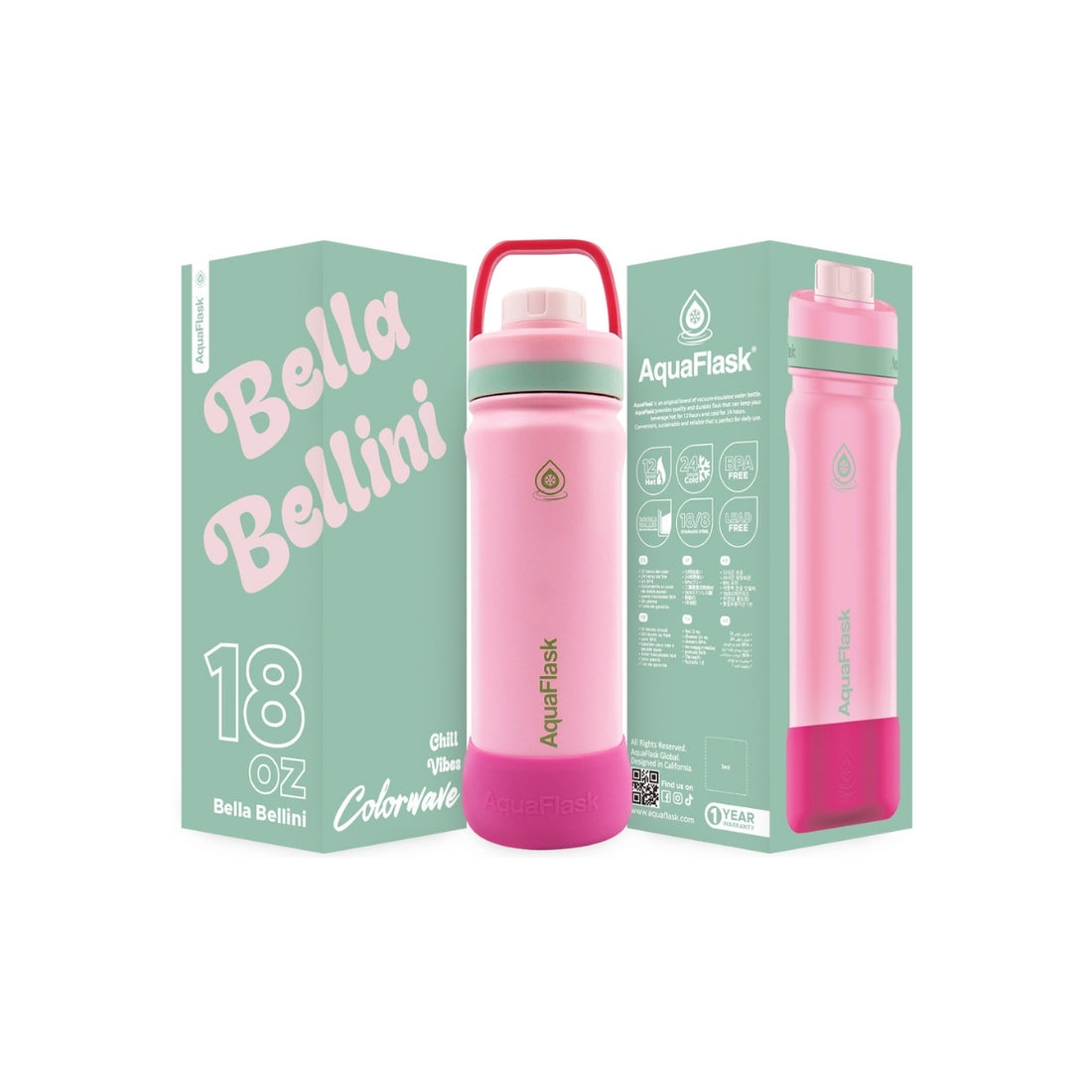 Botella de agua de acero inoxidable con aislamiento de la colección Colorwave de AquaFlask en color Bella Bellini, con acabado degradado suave, tapa de rosca con asa de transporte y base de silicona, fotografiada sobre fondo blanco