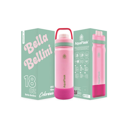 Botella de agua de acero inoxidable con aislamiento de la colección Colorwave de AquaFlask en color Bella Bellini, con acabado degradado suave, tapa de rosca con asa de transporte y base de silicona, fotografiada sobre fondo blanco