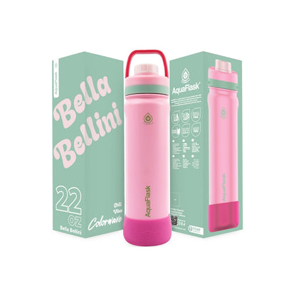 Botella de agua de acero inoxidable con aislamiento de la colección Colorwave de AquaFlask en color Bella Bellini, con acabado degradado suave, tapa de rosca con asa de transporte y base de silicona, fotografiada sobre fondo blanco