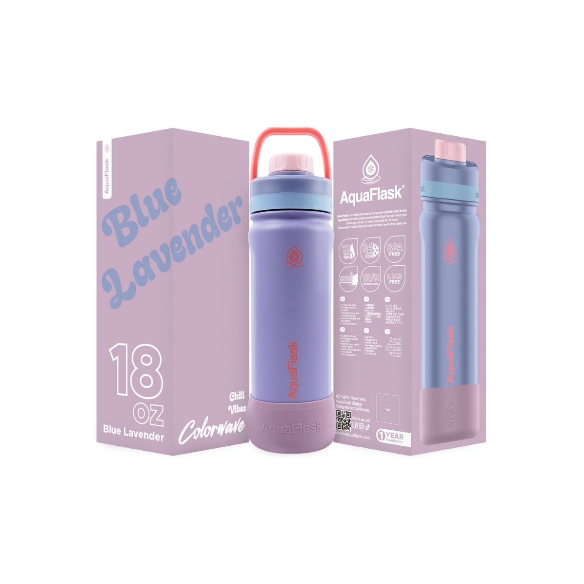 Botella de agua de acero inoxidable con aislamiento de la colección Colorwave de AquaFlask en color Blue Lavendar, con acabado degradado suave, tapa de rosca con asa de transporte y base de silicona, fotografiada sobre fondo blanco