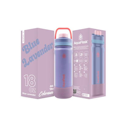 Botella de agua de acero inoxidable con aislamiento de la colección Colorwave de AquaFlask en color Blue Lavendar, con acabado degradado suave, tapa de rosca con asa de transporte y base de silicona, fotografiada sobre fondo blanco