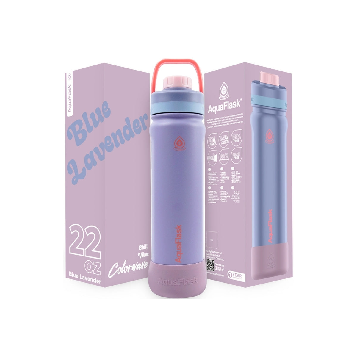 Botella de agua de acero inoxidable con aislamiento de la colección Colorwave de AquaFlask en color Blue Lavender, con acabado degradado suave, tapa de rosca con asa de transporte y base de silicona, fotografiada sobre fondo blanco