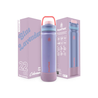 Botella de agua de acero inoxidable con aislamiento de la colección Colorwave de AquaFlask en color Blue Lavender, con acabado degradado suave, tapa de rosca con asa de transporte y base de silicona, fotografiada sobre fondo blanco