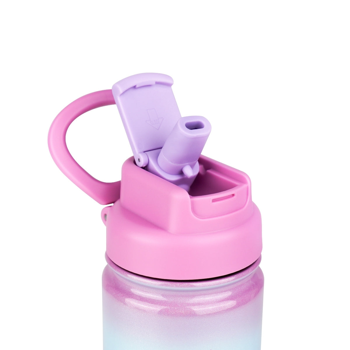 Botella de agua de acero inoxidable con aislamiento de la colección Candy Floss de AquaFlask en color Blueberry Puff, con acabado degradado iridiscente suave, tapa abatible con clip de transporte y base de silicona, fotografiada sobre fondo blanco