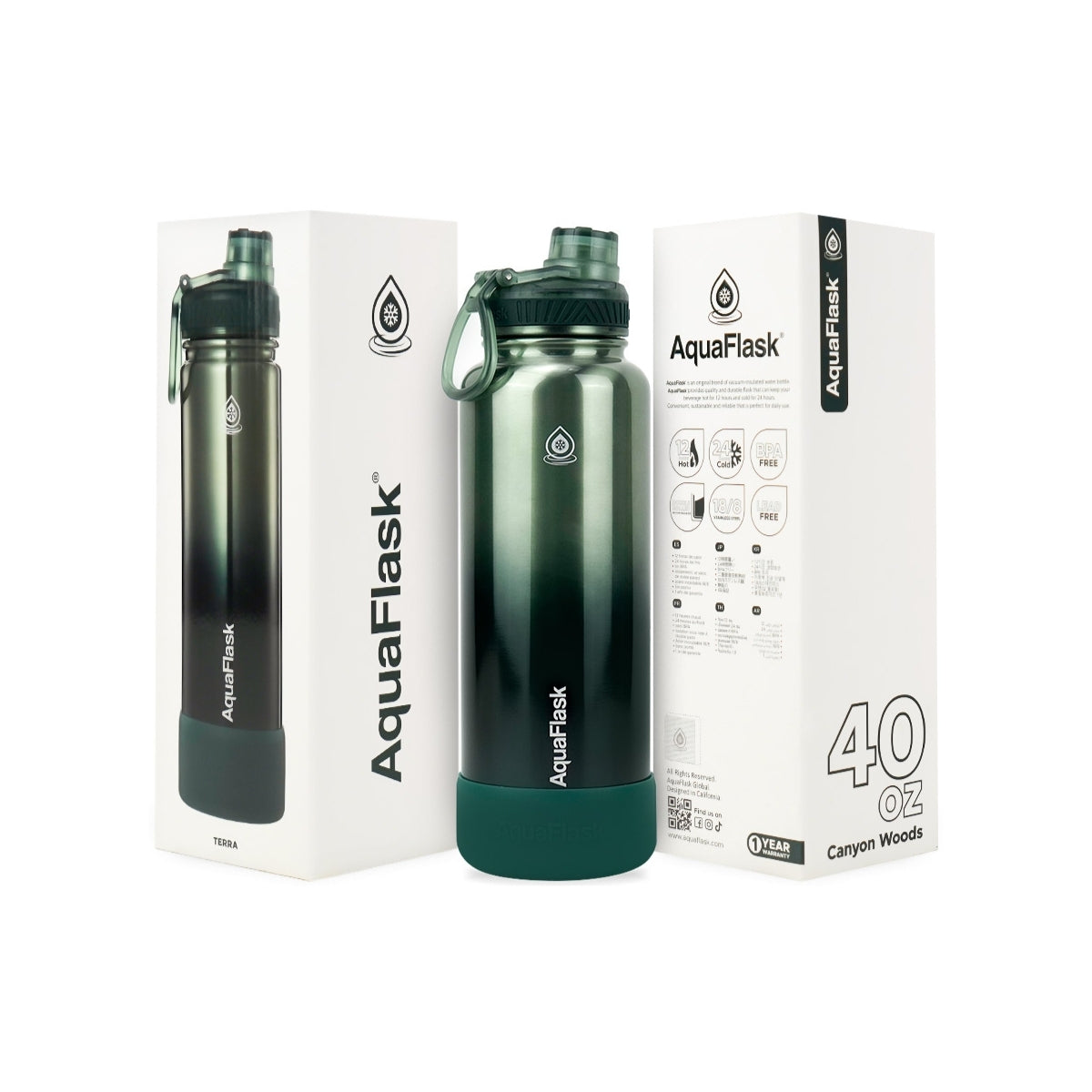 Botella de agua de acero inoxidable con aislamiento de la colección Terra de AquaFlask en color Canyon Wood, con acabado liso y brillante, tapa de rosca con asa de transporte y base de silicona, fotografiada sobre fondo blanco