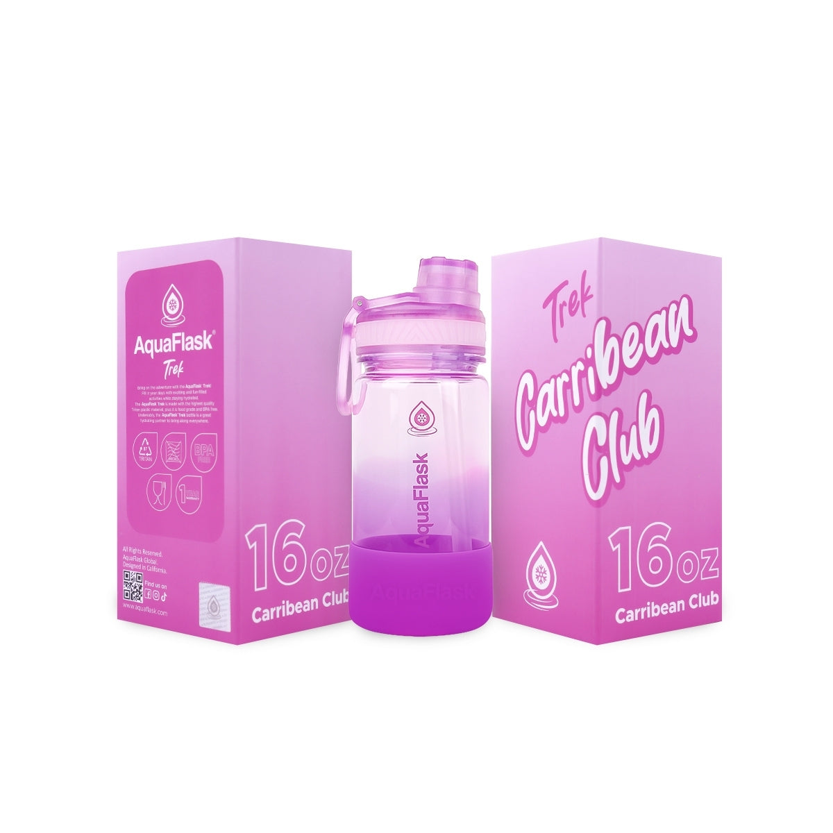 Botella de agua translúcida de la colección Terra de AquaFlask en color Caribbean Club, con acabado liso y brillante, tapa abatible con clip de transporte y base de silicona, fotografiada sobre fondo blanco