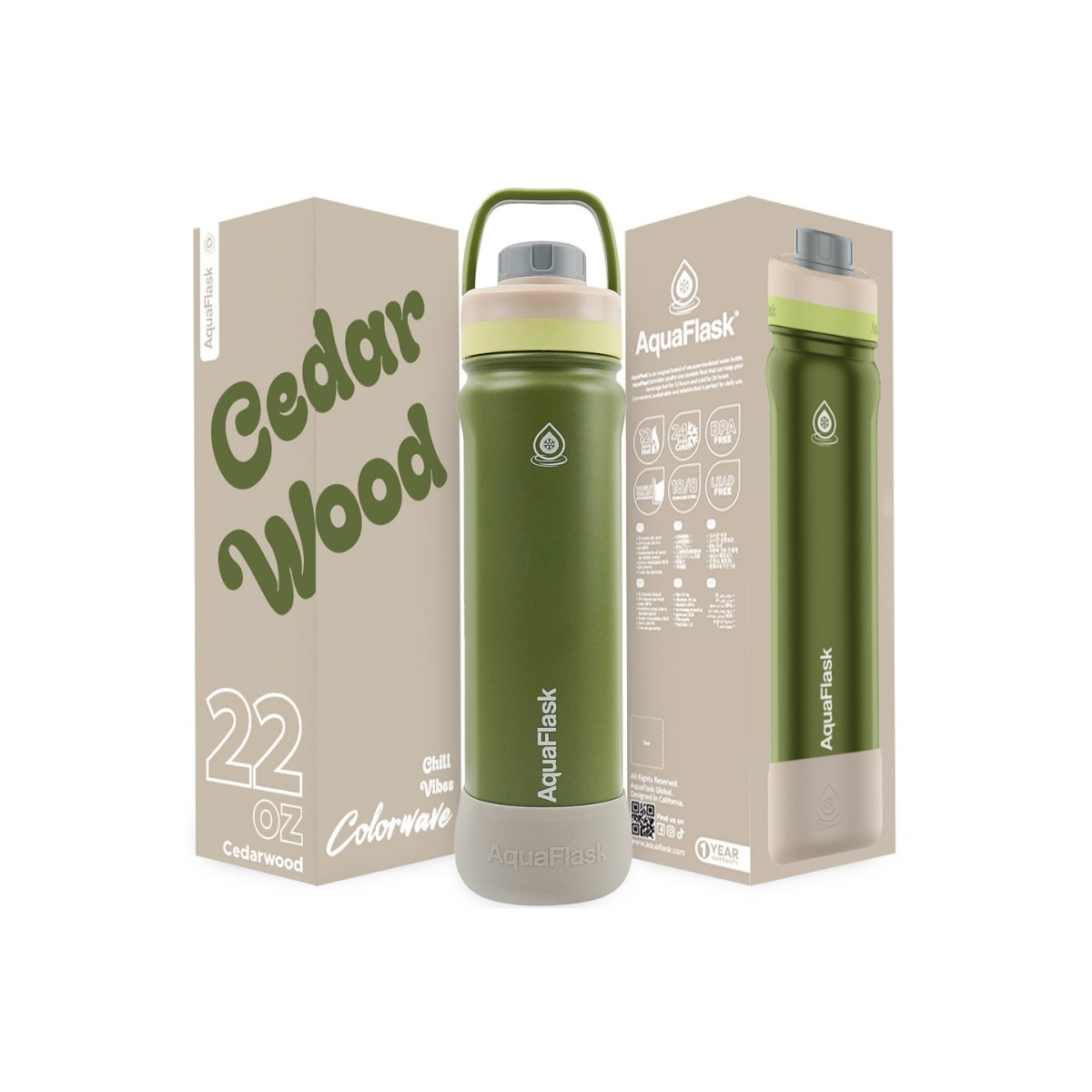 Botella de agua de acero inoxidable con aislamiento de la colección Colorwave de AquaFlask en color Cedar Wood, con acabado degradado suave, tapa de rosca con asa de transporte y base de silicona, fotografiada sobre fondo blanco