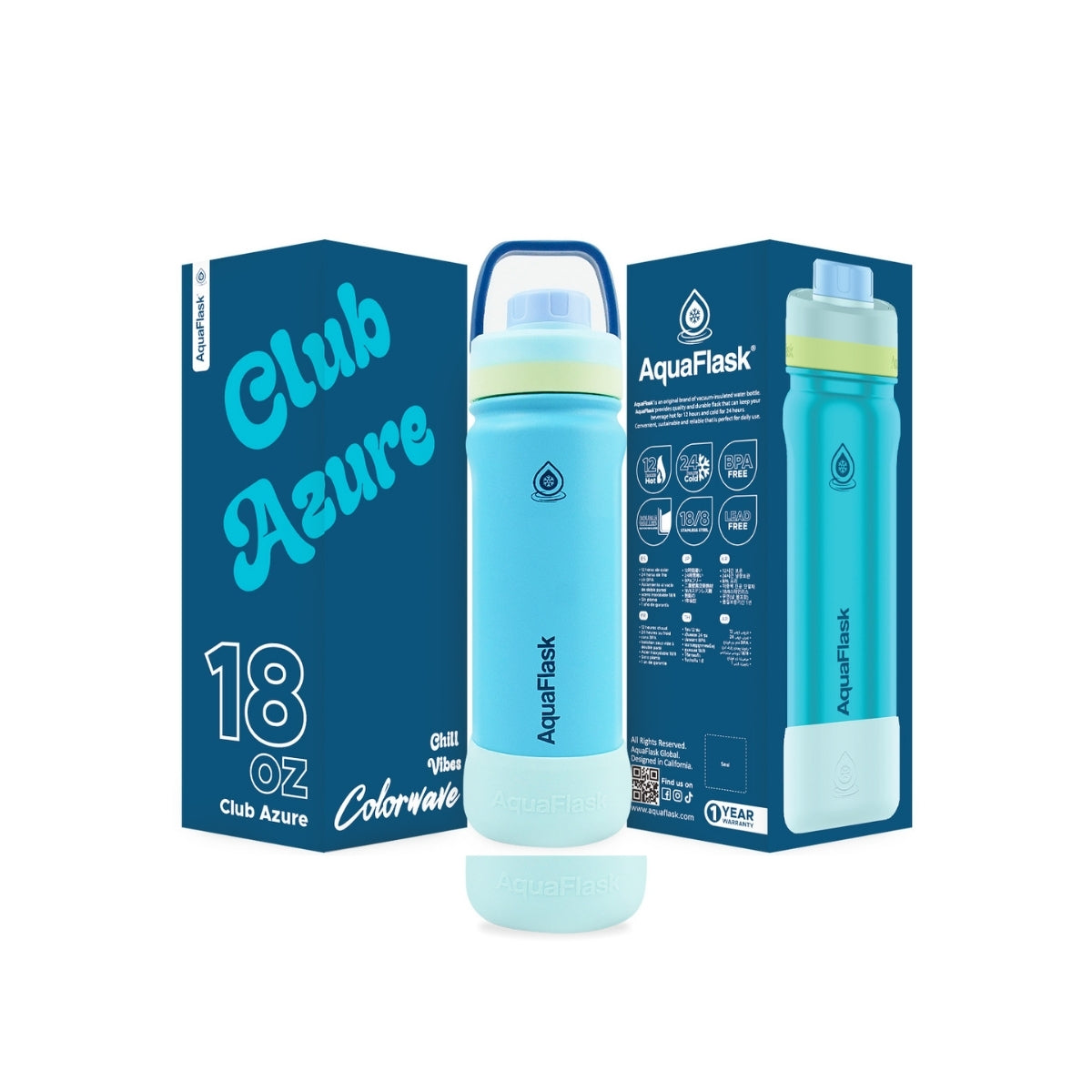 Botella de agua de acero inoxidable con aislamiento de la colección Colorwave de AquaFlask en color Club Azure, con acabado degradado suave, tapa de rosca con asa de transporte y base de silicona, fotografiada sobre fondo blanco