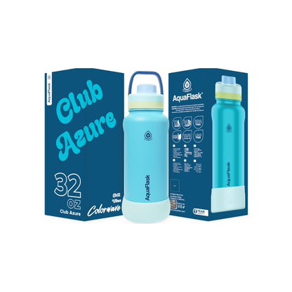 Botella de agua de acero inoxidable con aislamiento de la colección Colorwave de AquaFlask en color Club Azure, con acabado degradado suave, tapa de rosca con asa de transporte y base de silicona, fotografiada sobre fondo blanco
