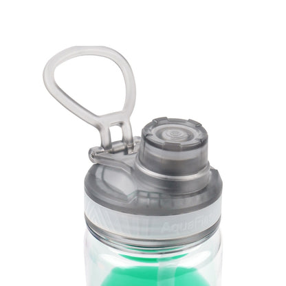 Botella de agua translúcida de la colección Terra de AquaFlask en color Cobbler Coves, con acabado liso y brillante, tapa abatible con clip de transporte y base de silicona, fotografiada sobre fondo blanco