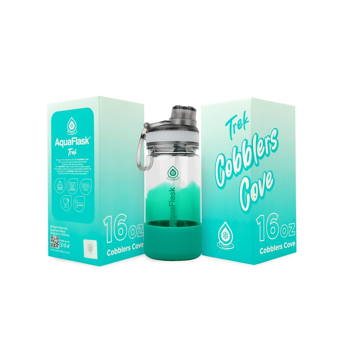 Botella de agua translúcida de la colección Terra de AquaFlask en color Cobblers Cove, con acabado liso y brillante, tapa abatible con clip de transporte y base de silicona, fotografiada sobre fondo blanco